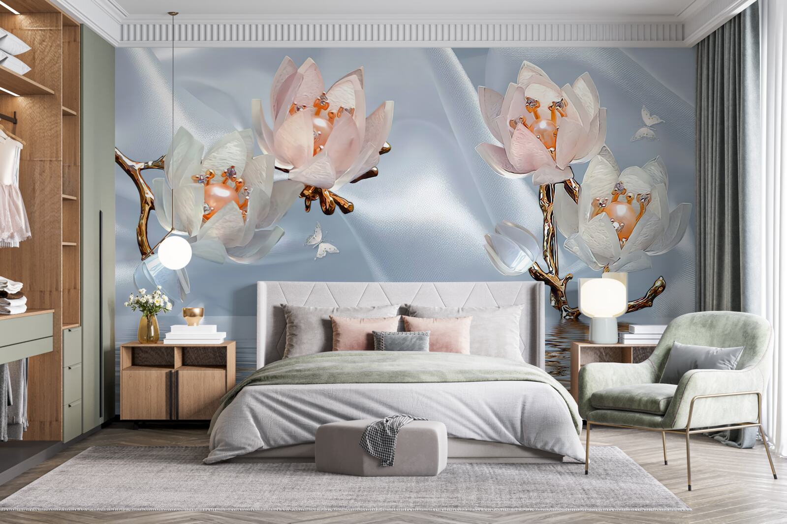 Fotobehang grote witte bloemen bloeiden op de takken boven het water