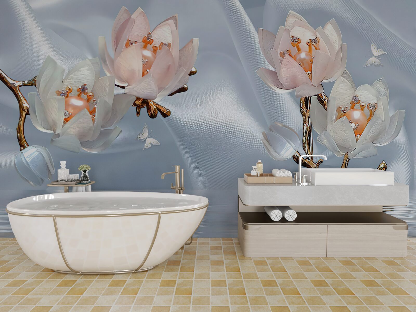 Fotobehang grote witte bloemen bloeiden op de takken boven het water