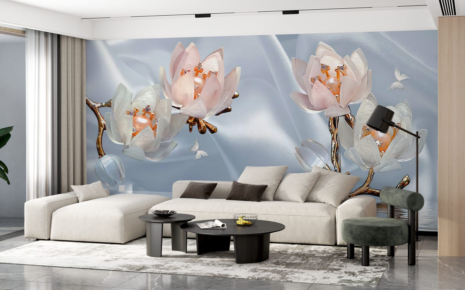 Fotobehang grote witte bloemen bloeiden op de takken boven het water