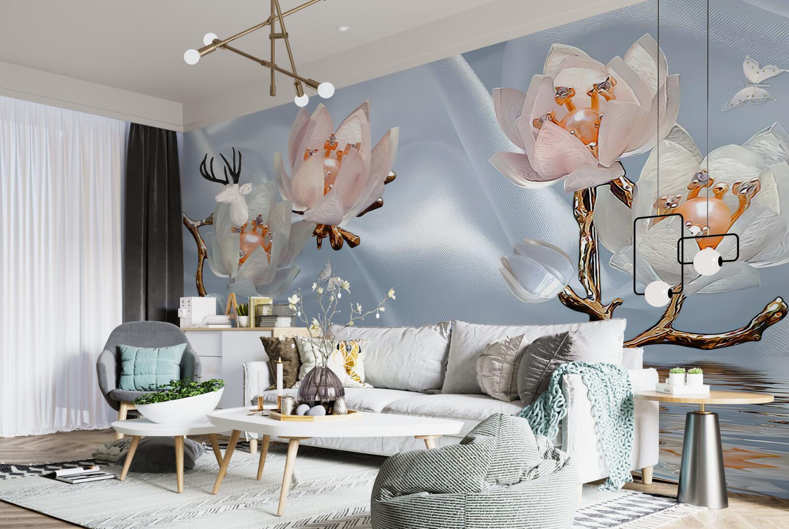 Fotobehang grote witte bloemen bloeiden op de takken boven het water