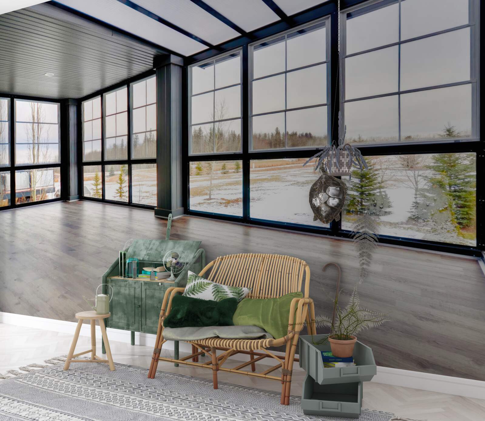 Fotobehang gestoffeerde kamer met ramen van vloer tot plafond