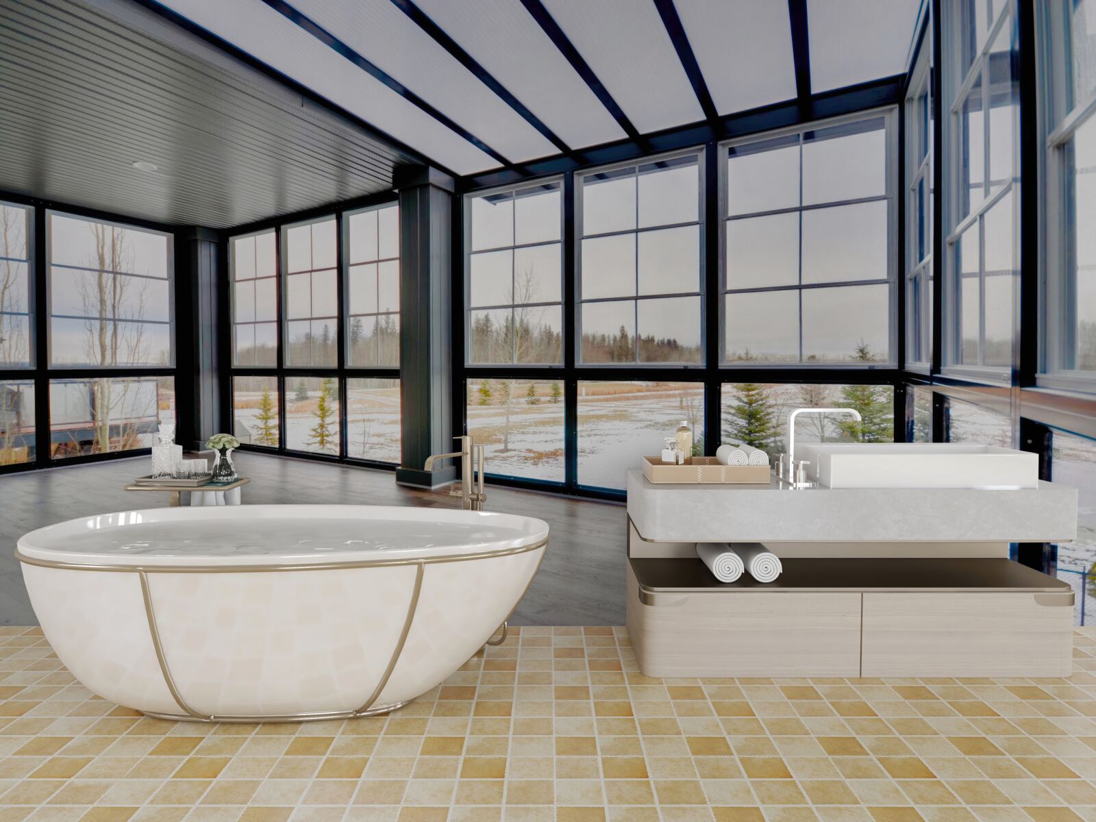 Fotobehang gestoffeerde kamer met ramen van vloer tot plafond