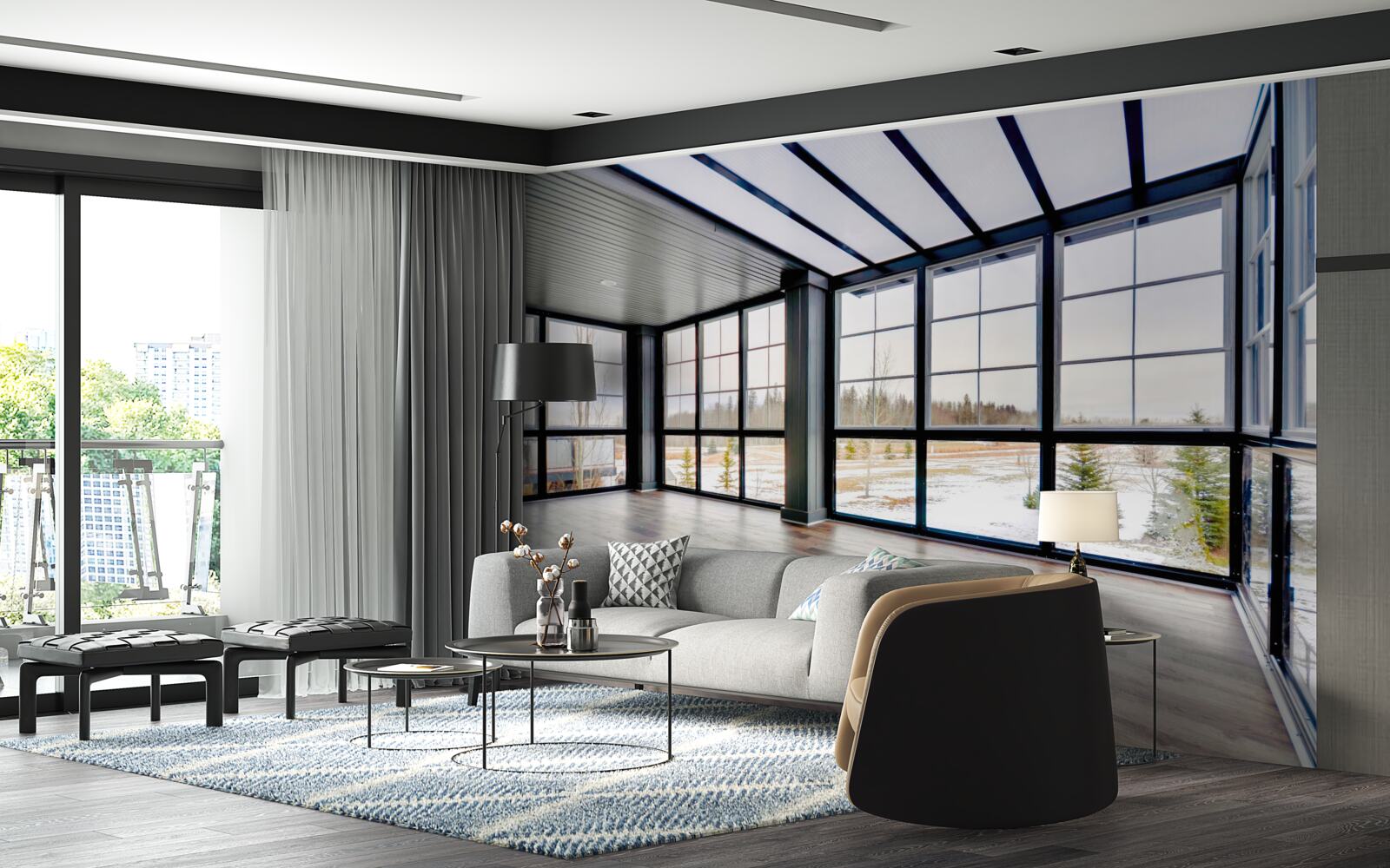 Fotobehang gestoffeerde kamer met ramen van vloer tot plafond