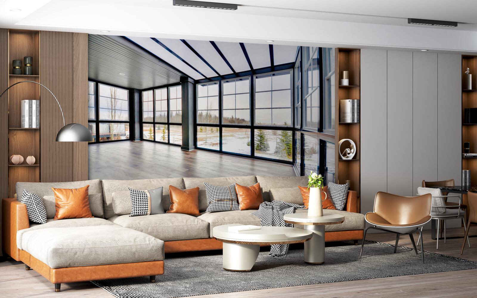 Fotobehang gestoffeerde kamer met ramen van vloer tot plafond