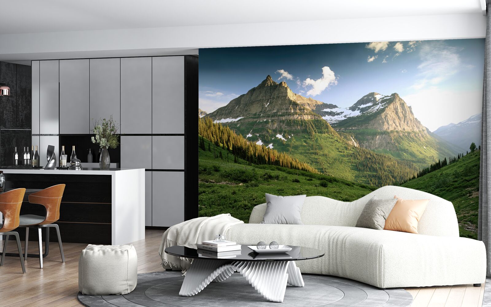 Fotobehang uitzicht vanaf het gazon op de majestueuze bergen