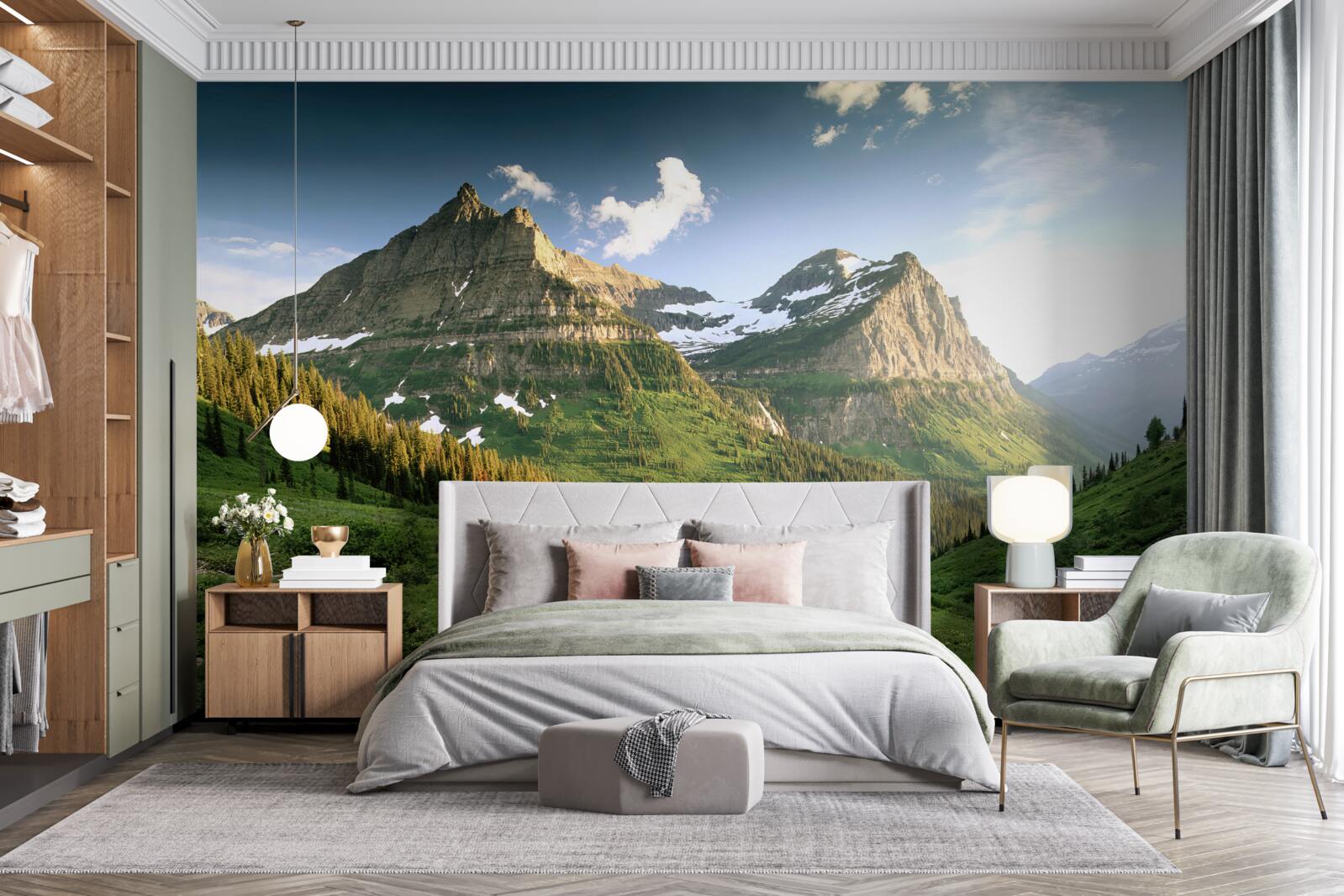 Fotobehang uitzicht vanaf het gazon op de majestueuze bergen