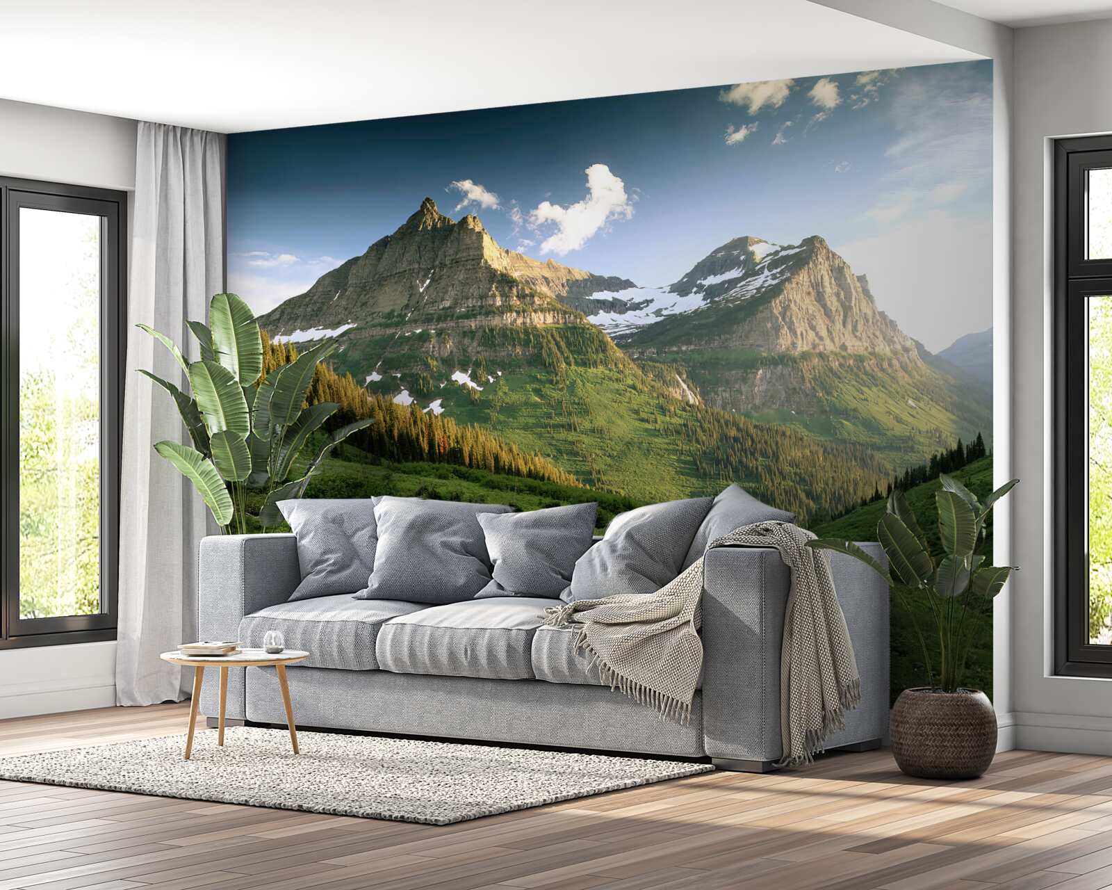 Fotobehang uitzicht vanaf het gazon op de majestueuze bergen