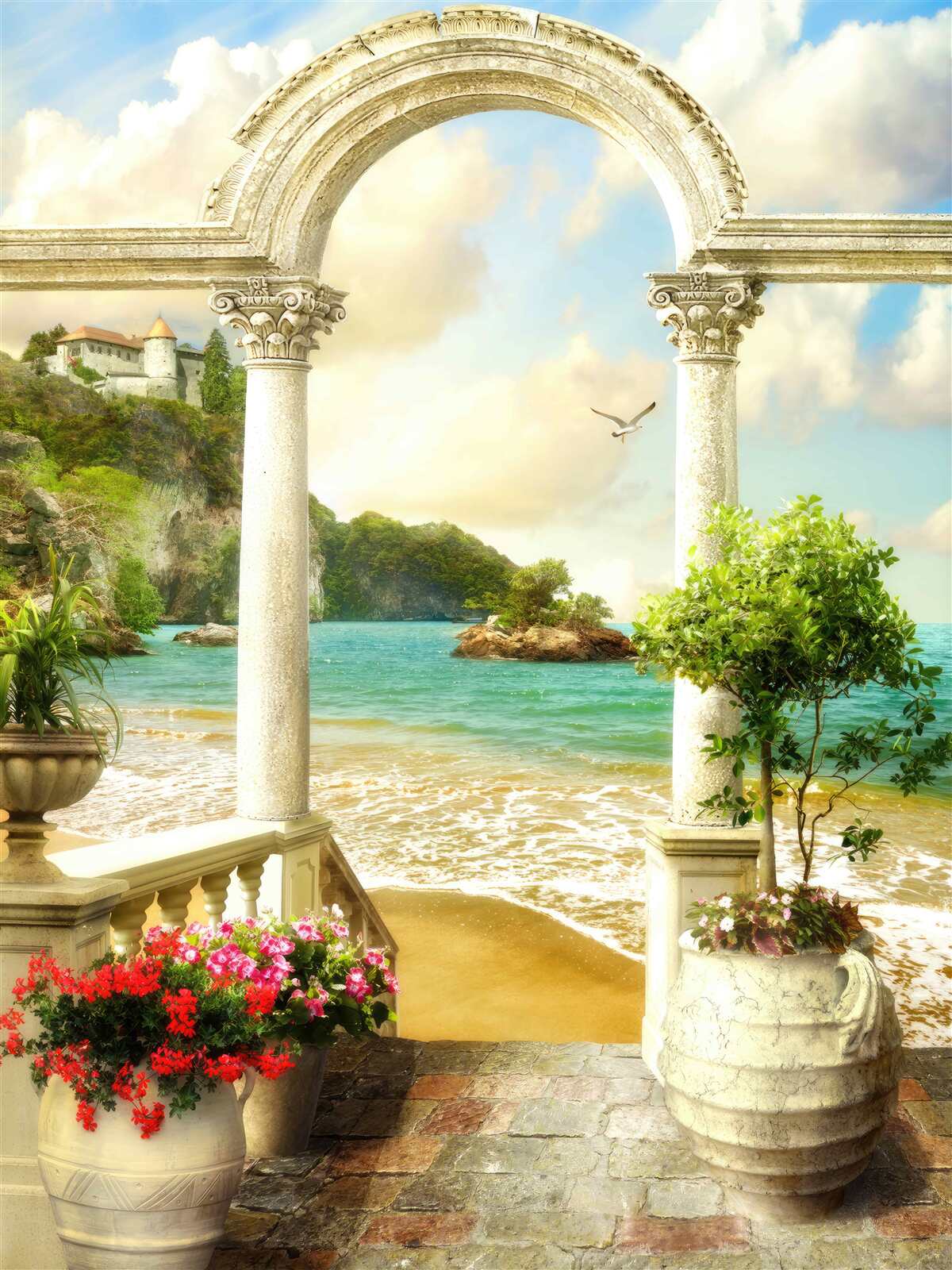 Fotobehang pilaar op een zandkust