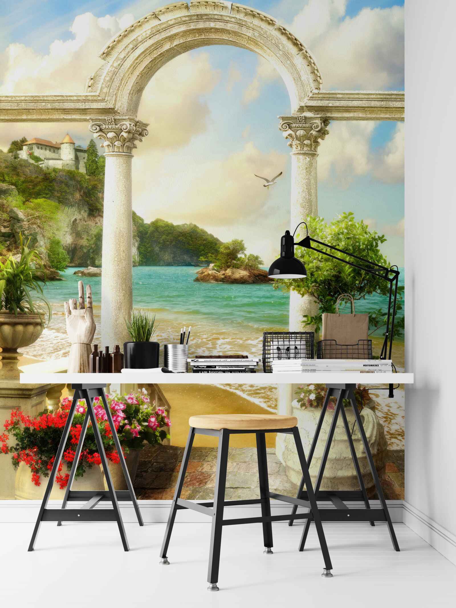 Fotobehang pilaar op een zandkust