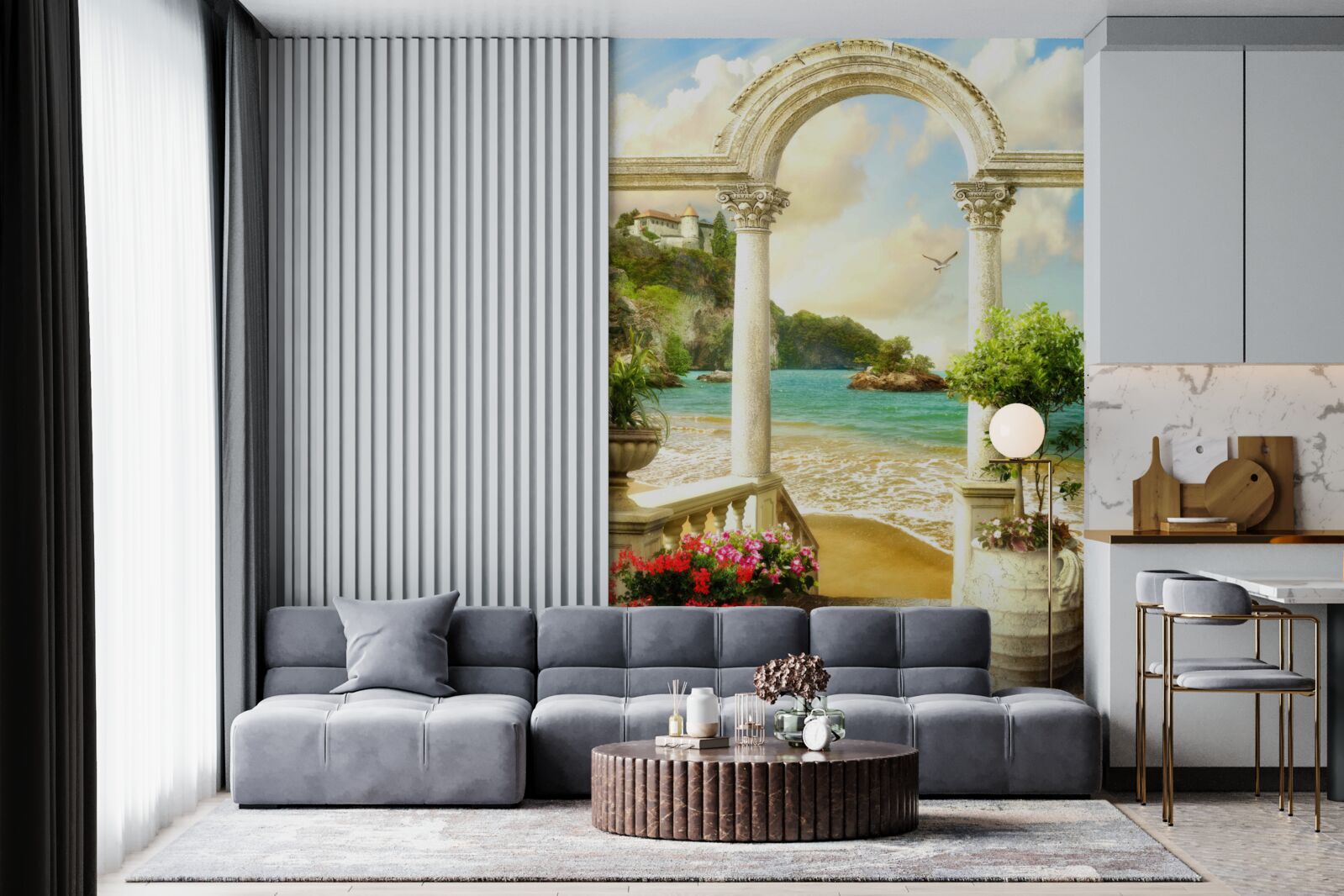 Fotobehang pilaar op een zandkust