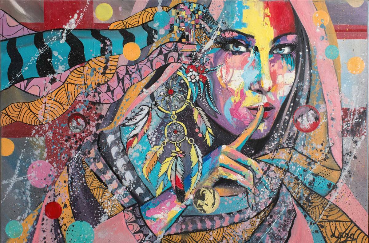 Fotobehang illustratie van een meisje in verschillende felle kleuren