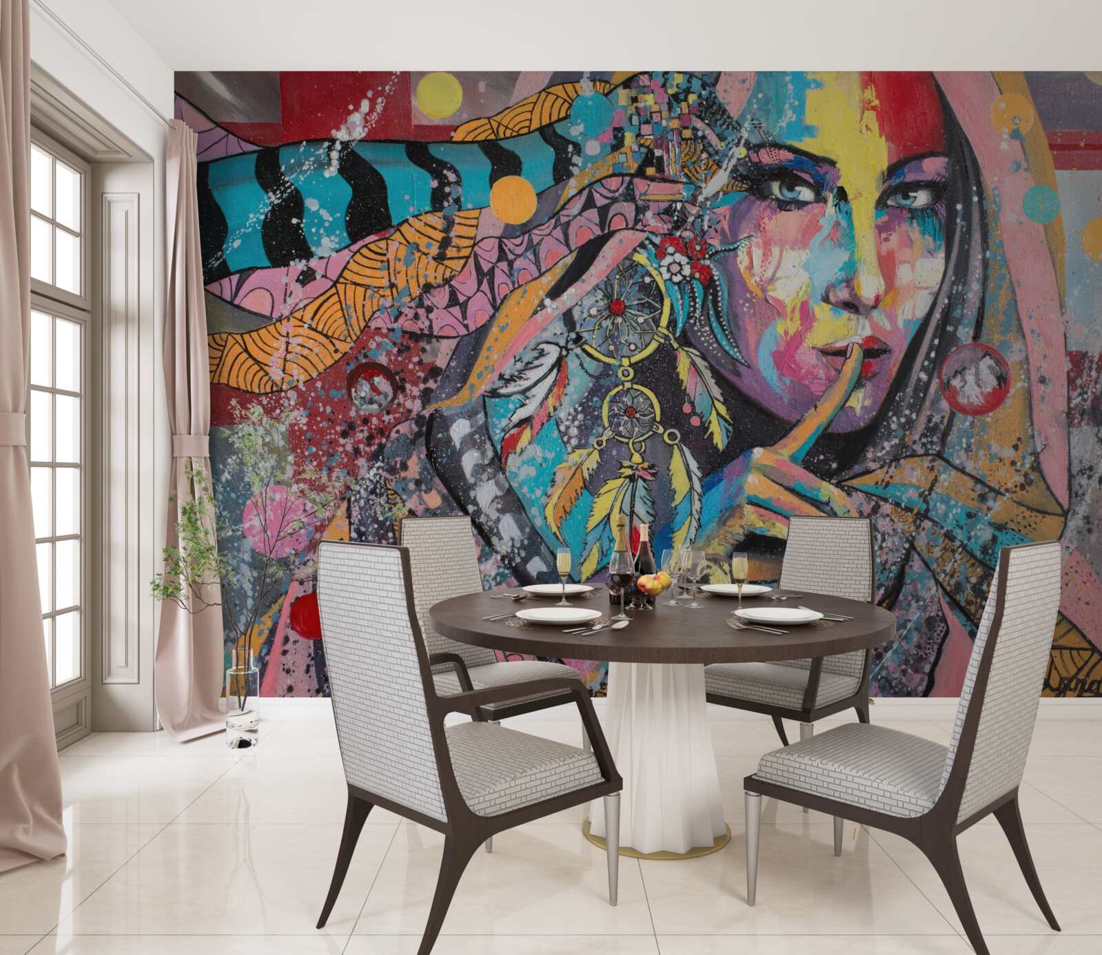 Fotobehang illustratie van een meisje in verschillende felle kleuren