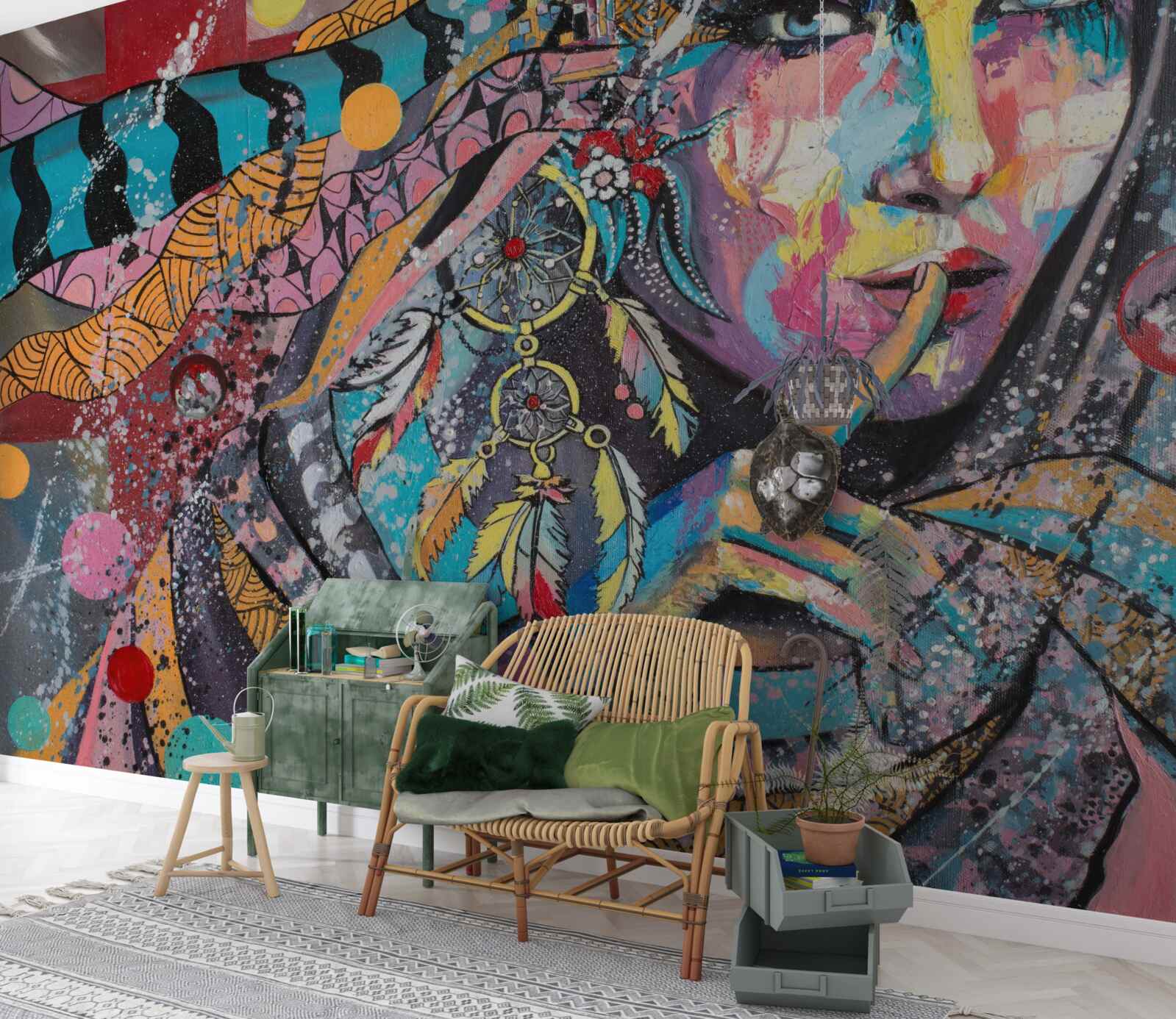 Fotobehang illustratie van een meisje in verschillende felle kleuren