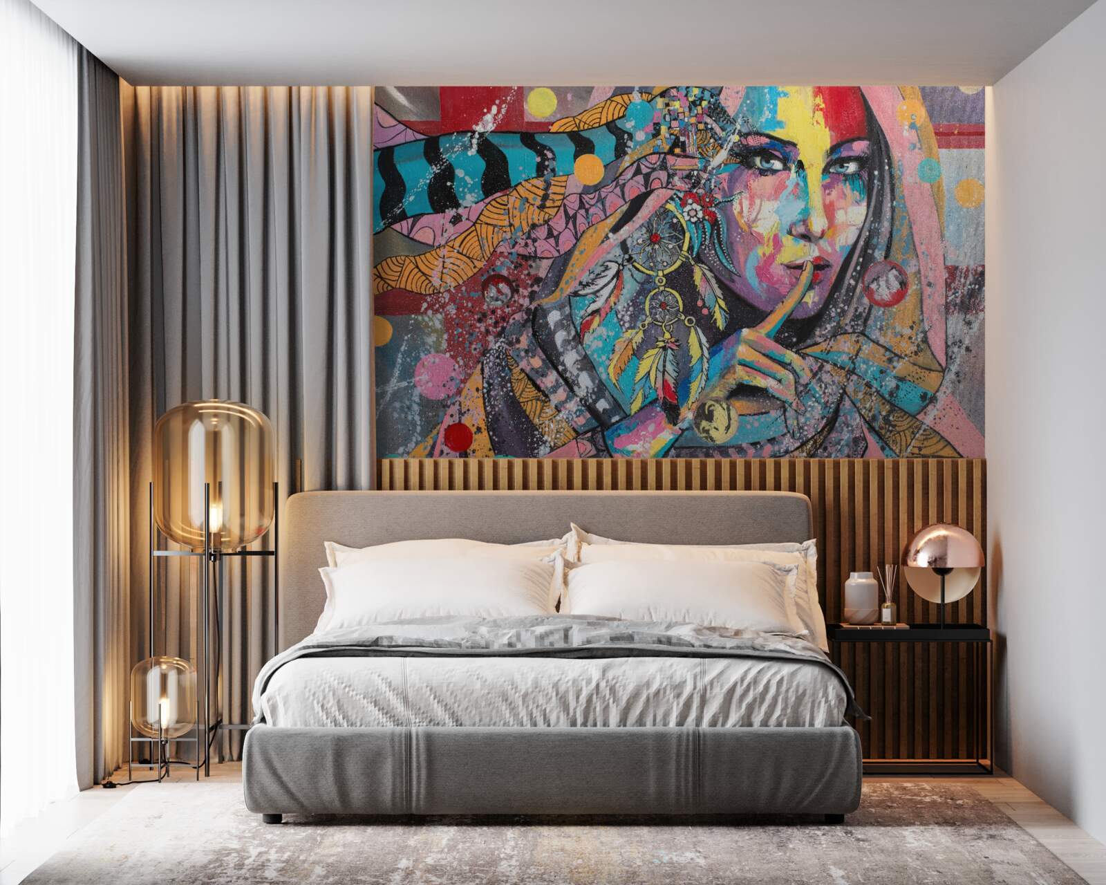 Fotobehang illustratie van een meisje in verschillende felle kleuren