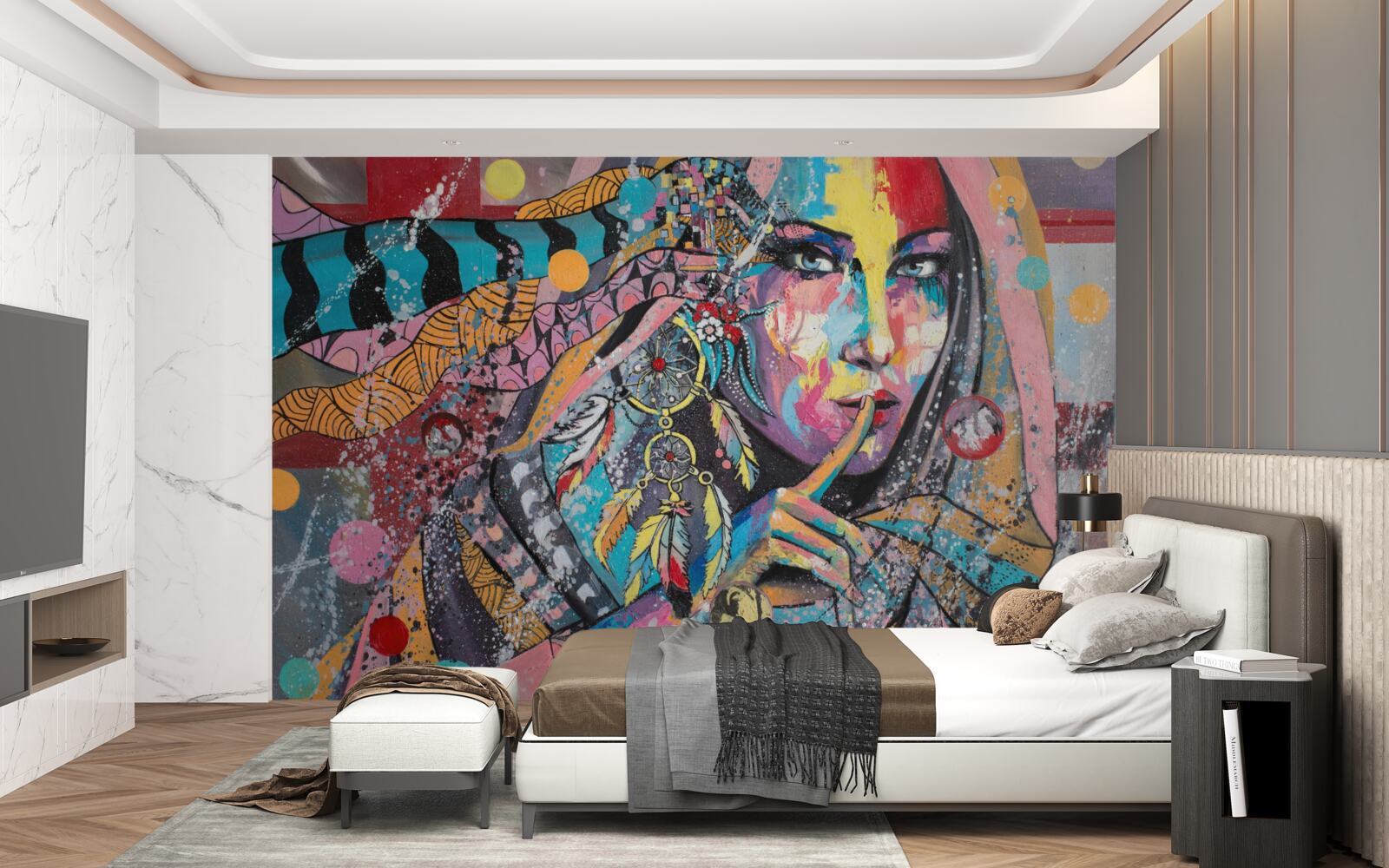 Fotobehang illustratie van een meisje in verschillende felle kleuren