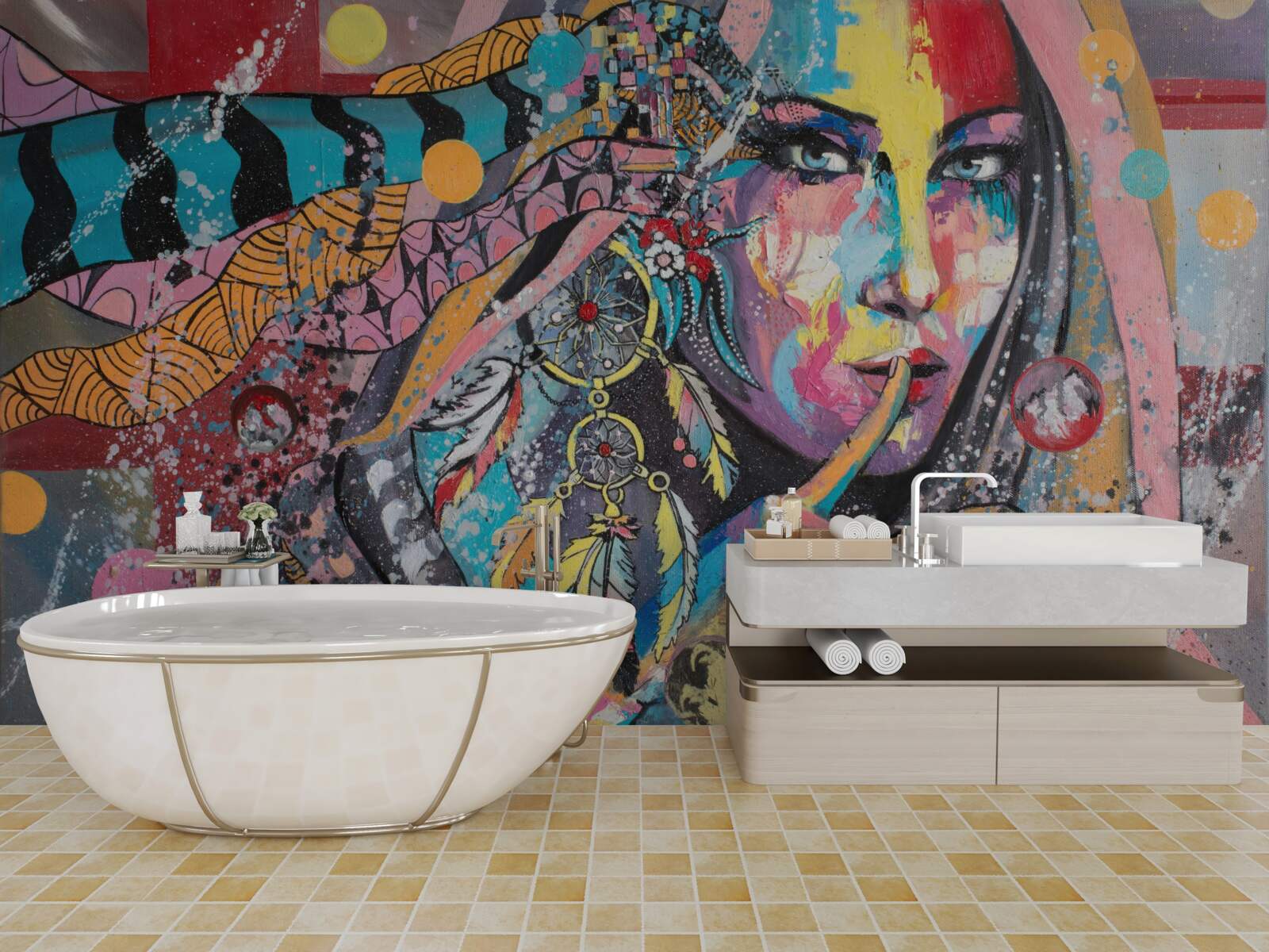 Fotobehang illustratie van een meisje in verschillende felle kleuren