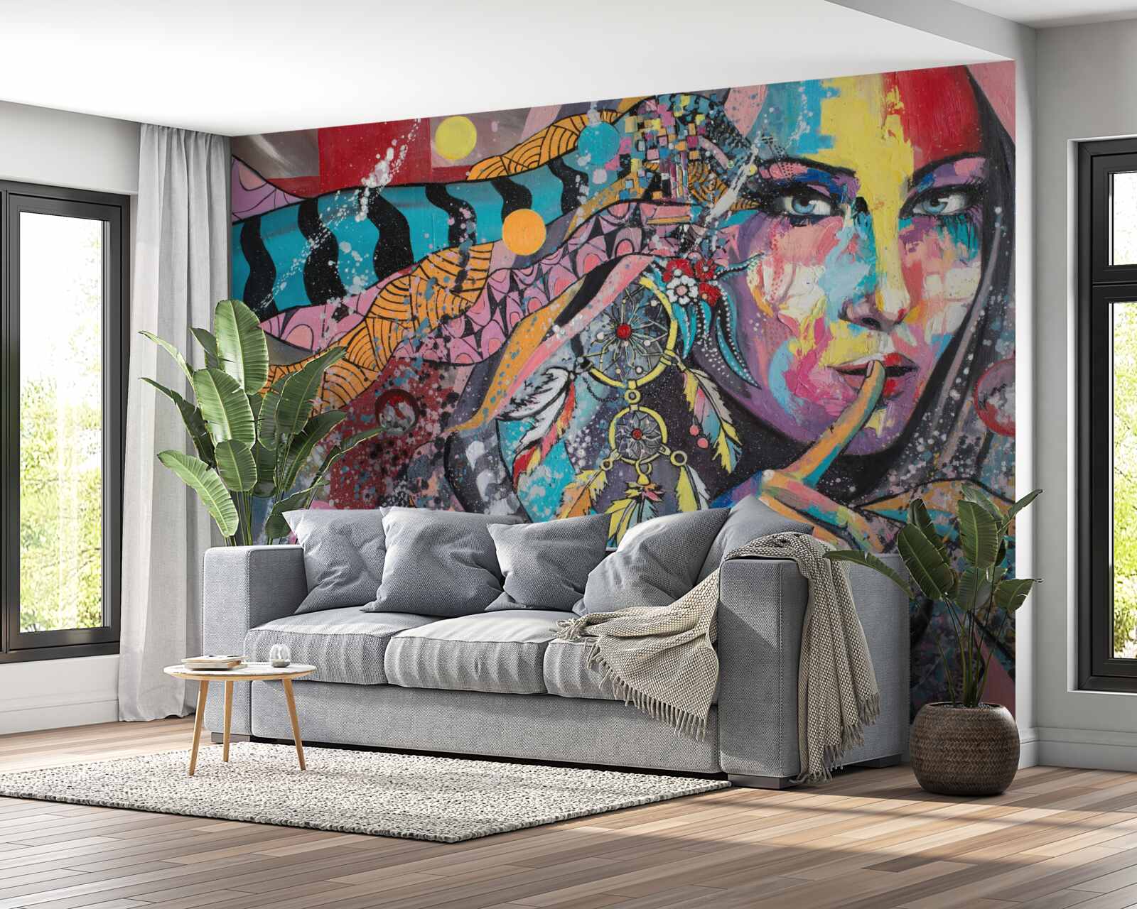 Fotobehang illustratie van een meisje in verschillende felle kleuren