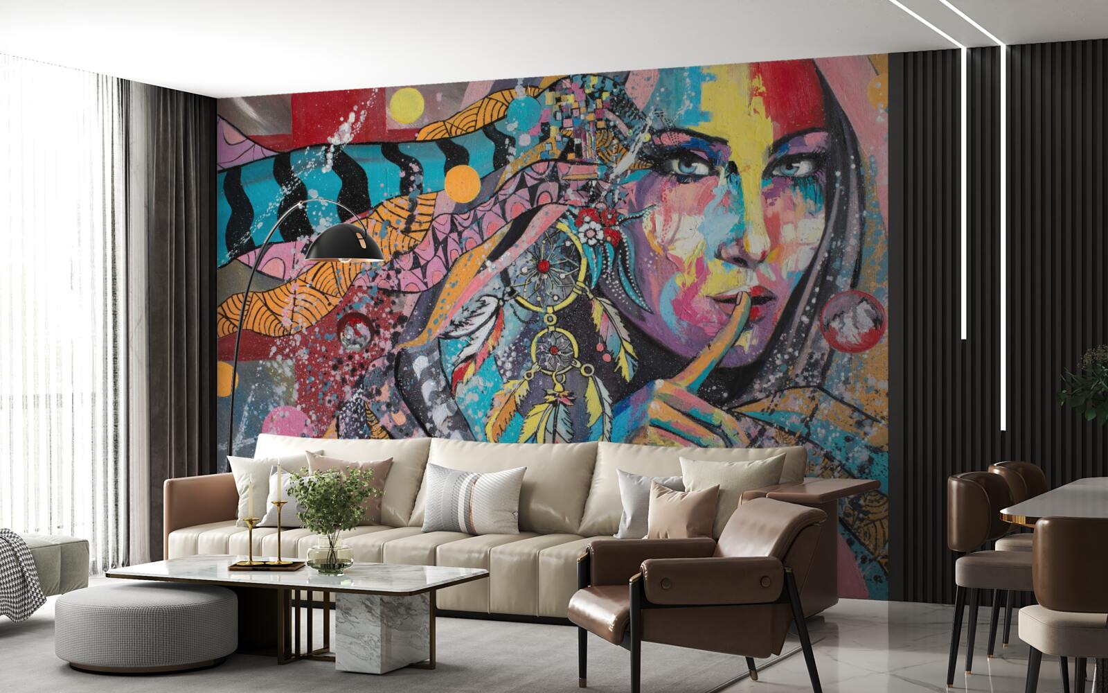 Fotobehang illustratie van een meisje in verschillende felle kleuren