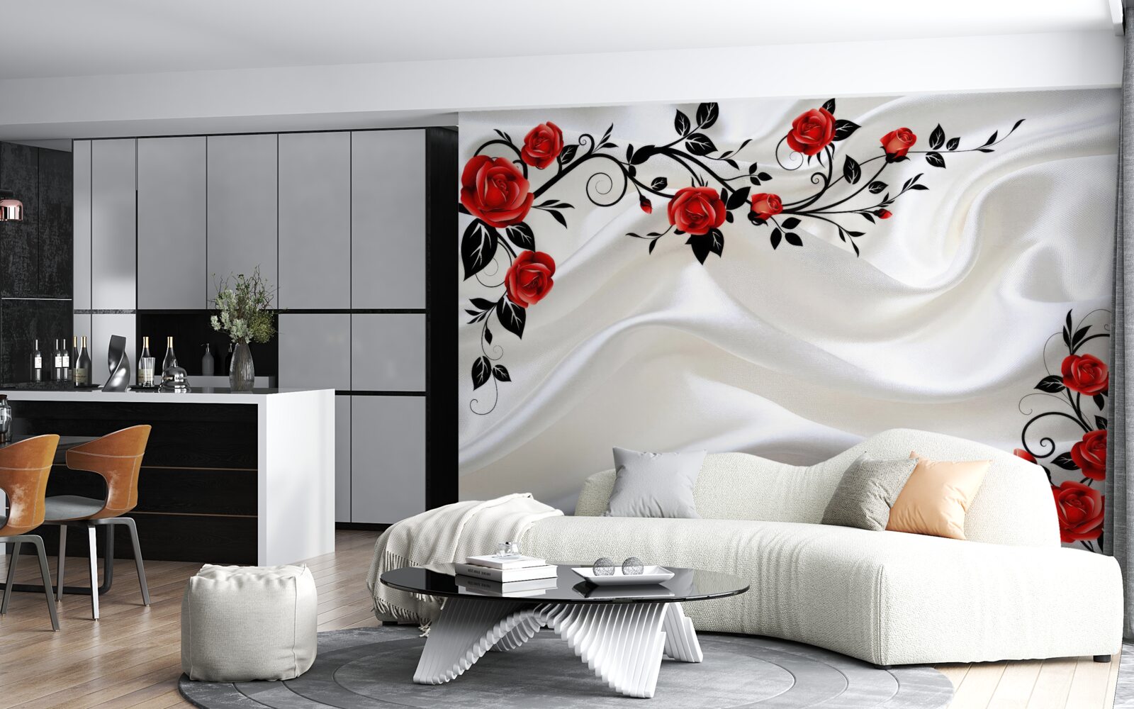 Fotobehang wit satijn en scharlaken rozen