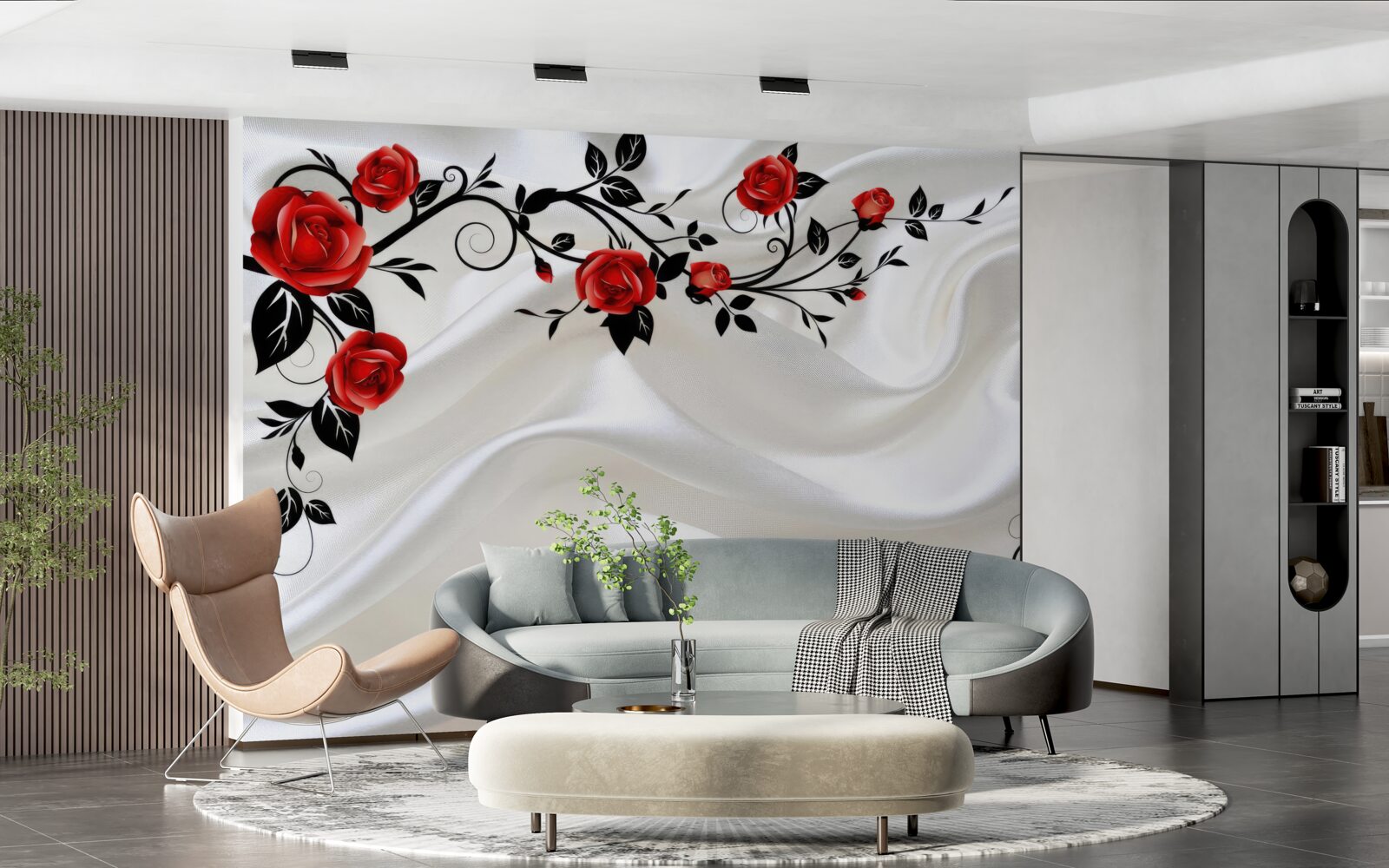 Fotobehang wit satijn en scharlaken rozen