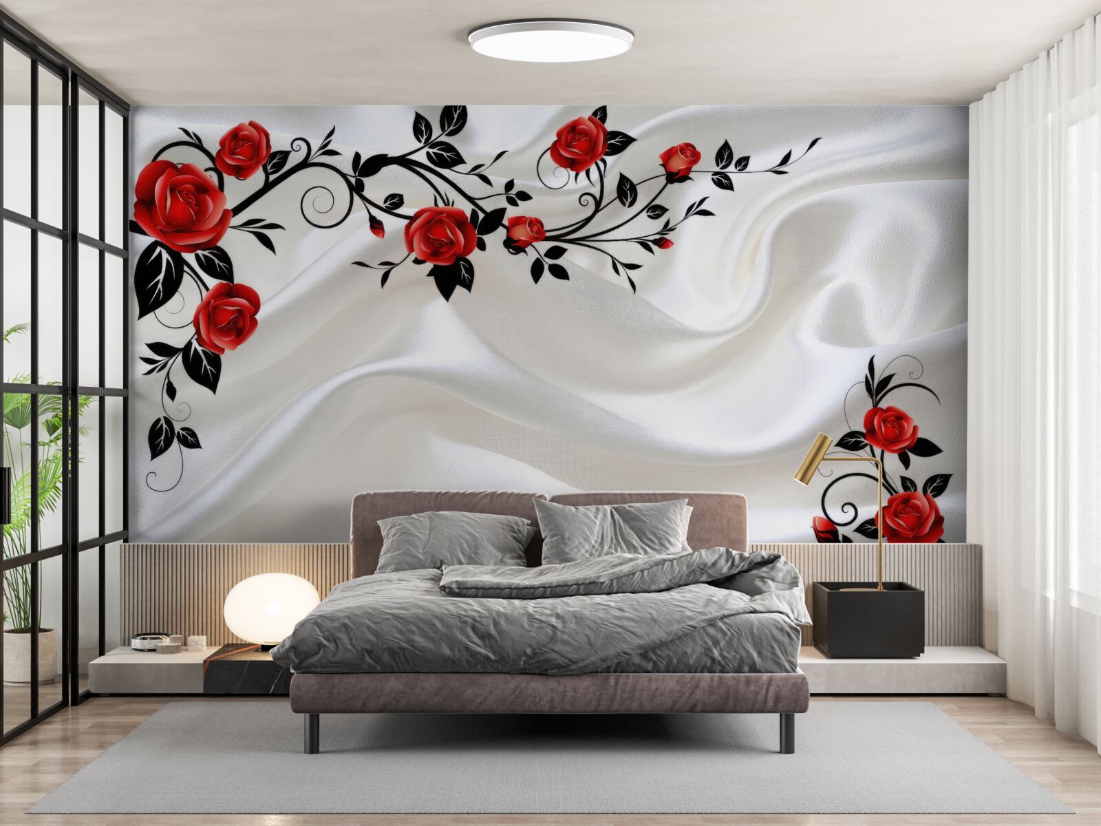 Fotobehang wit satijn en scharlaken rozen