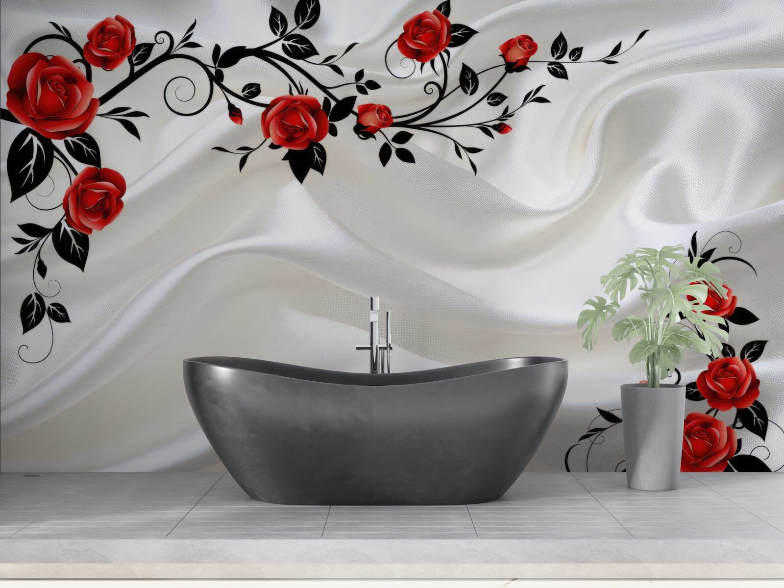 Fotobehang wit satijn en scharlaken rozen