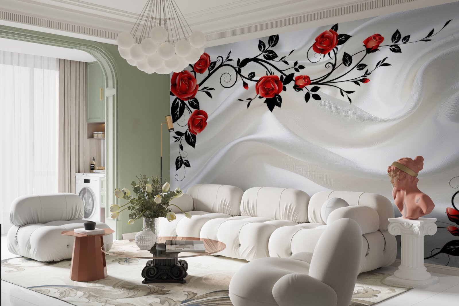 Fotobehang wit satijn en scharlaken rozen