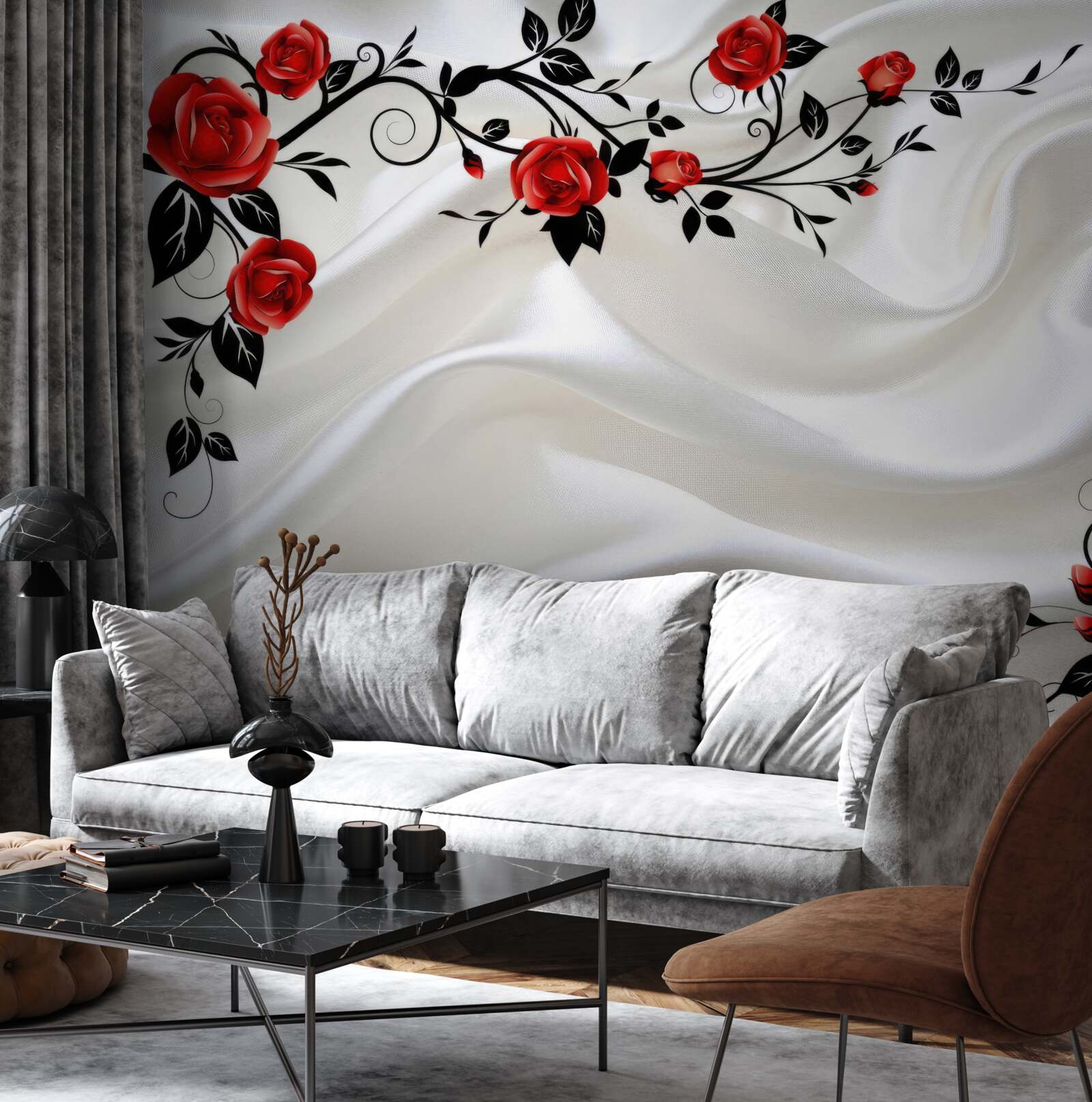 Fotobehang wit satijn en scharlaken rozen