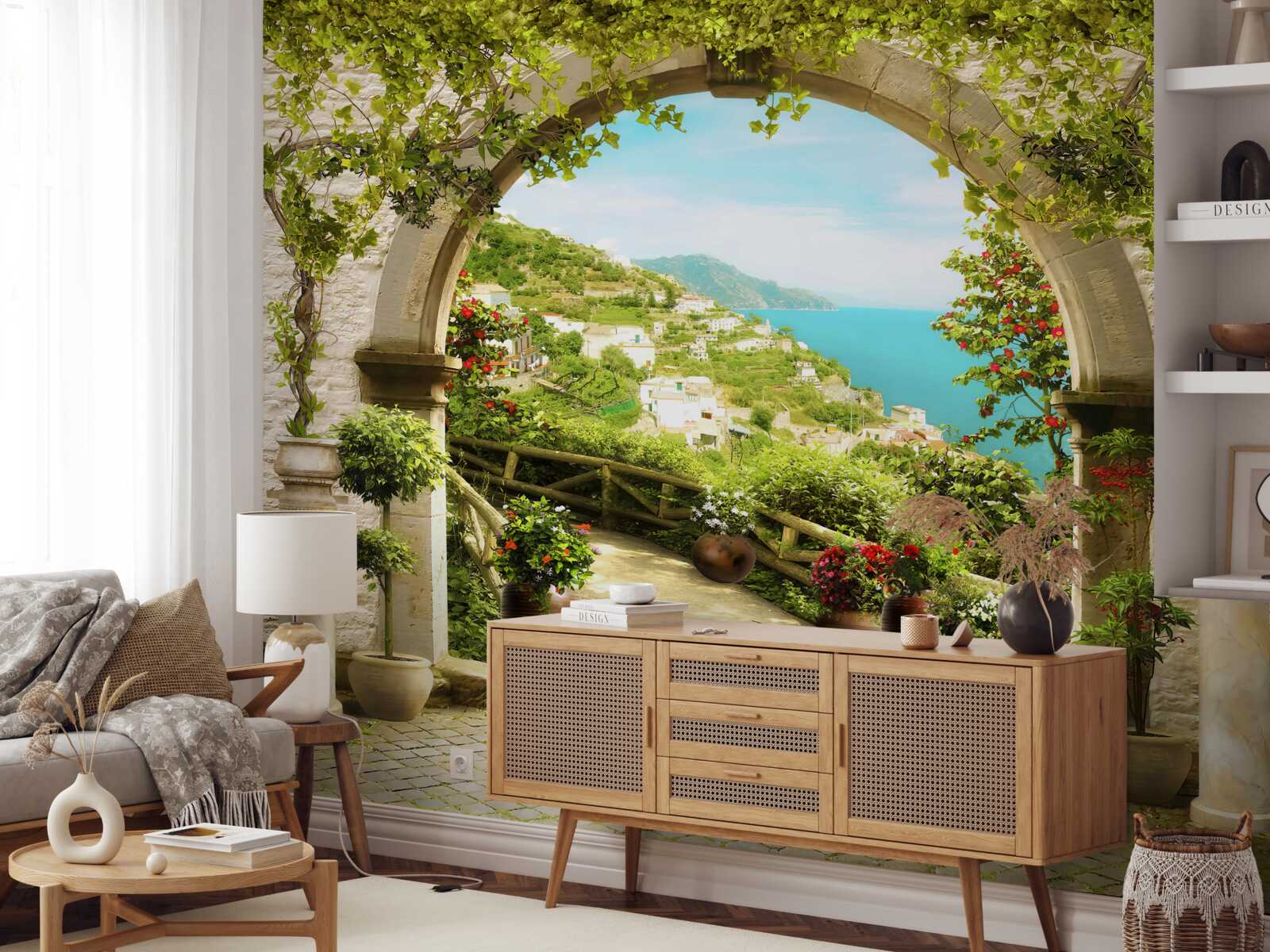 Fotobehang pilaren die leiden naar een tuin vol bloemen