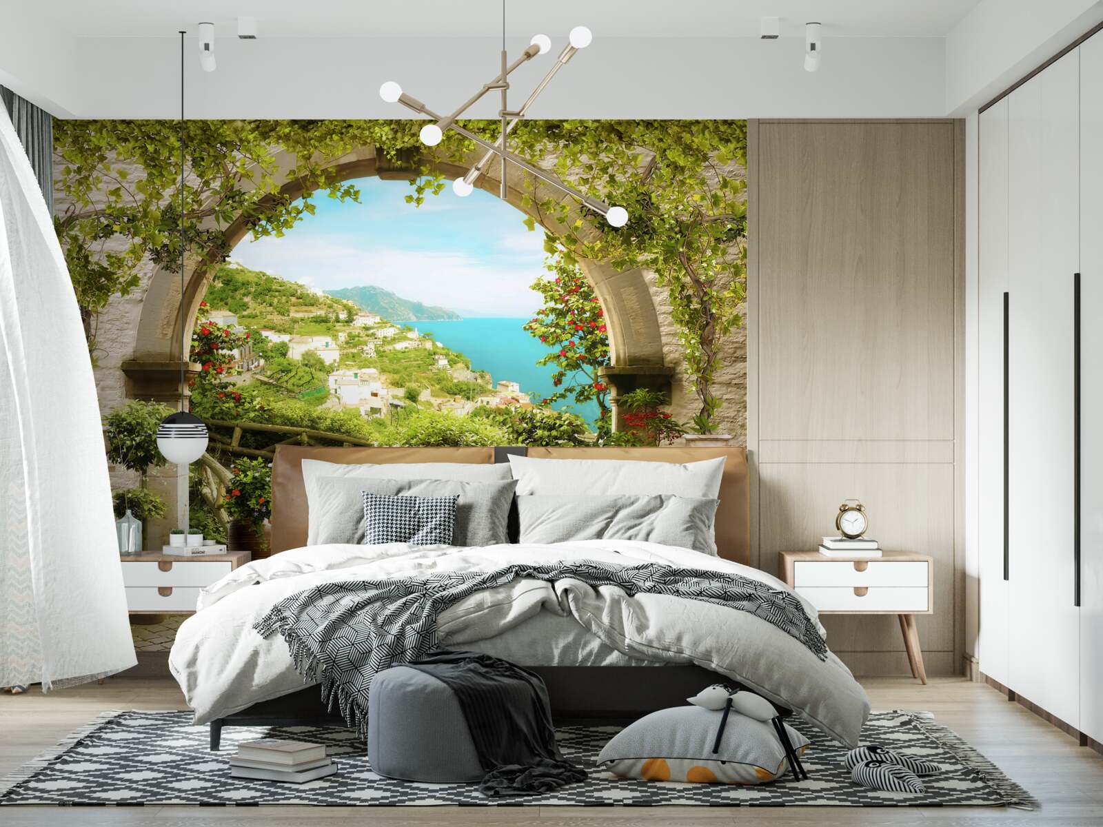 Fotobehang pilaren die leiden naar een tuin vol bloemen