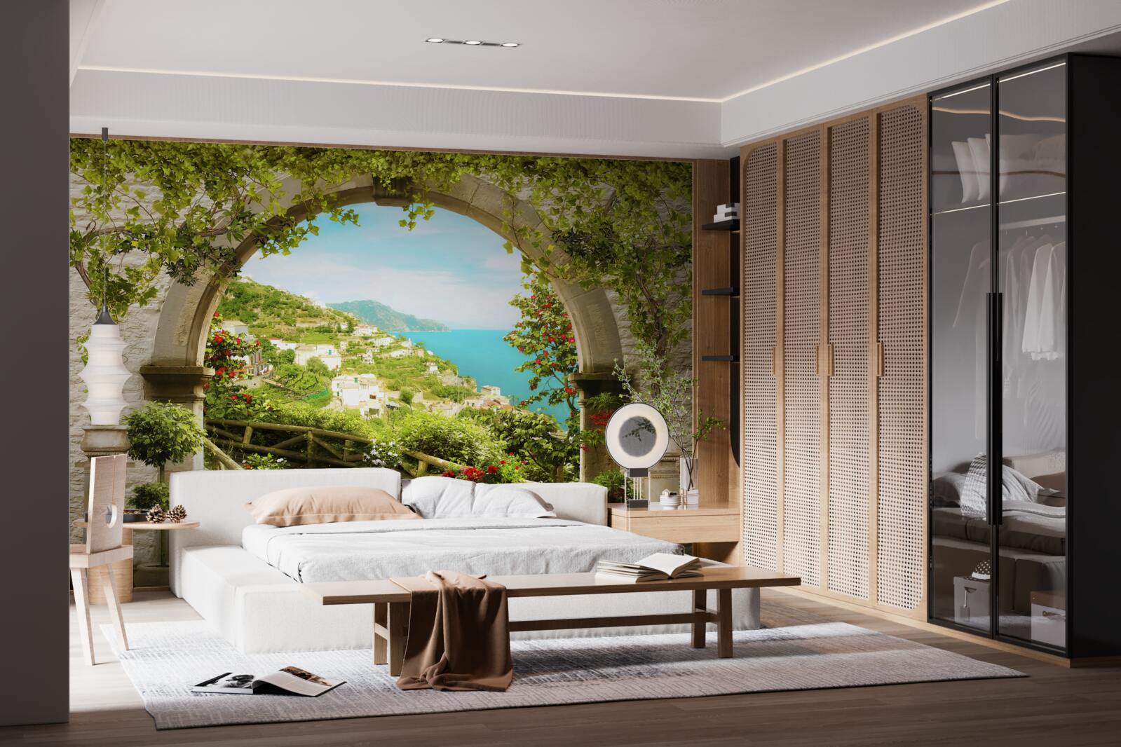 Fotobehang pilaren die leiden naar een tuin vol bloemen