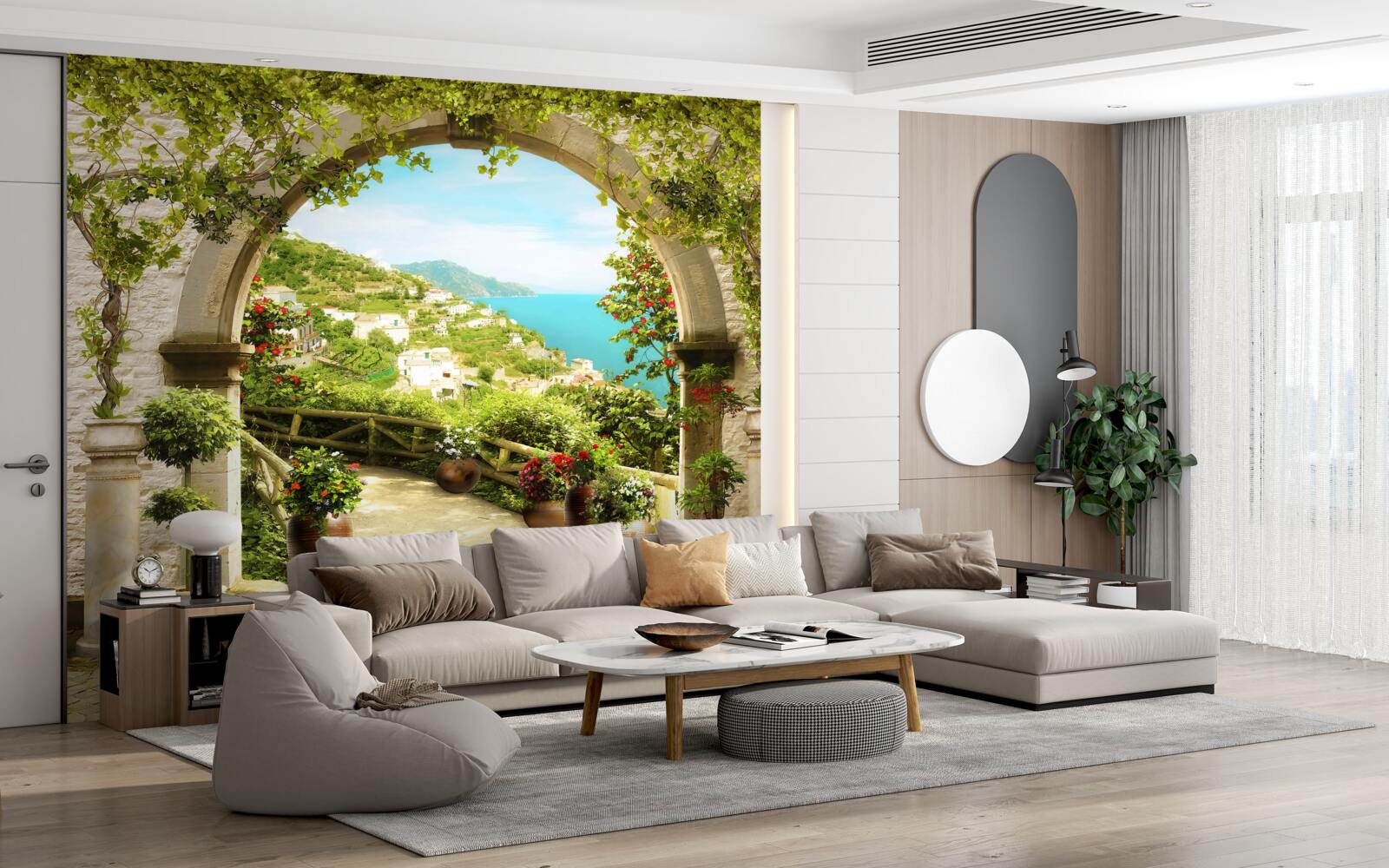 Fotobehang pilaren die leiden naar een tuin vol bloemen