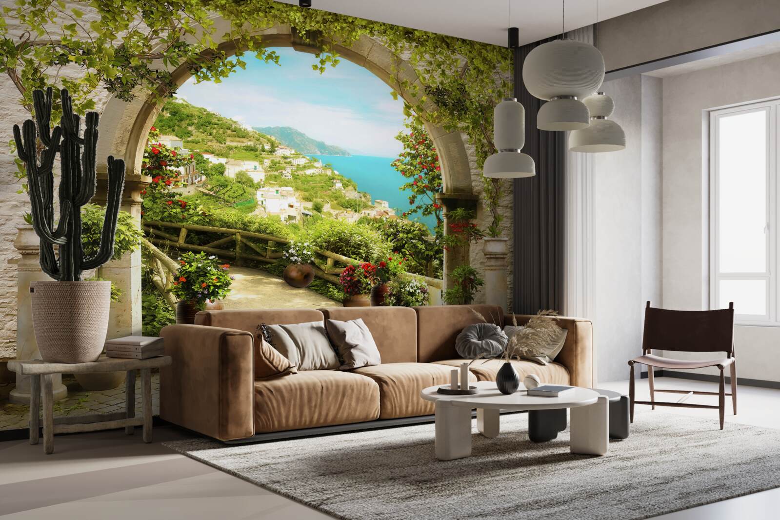 Fotobehang pilaren die leiden naar een tuin vol bloemen