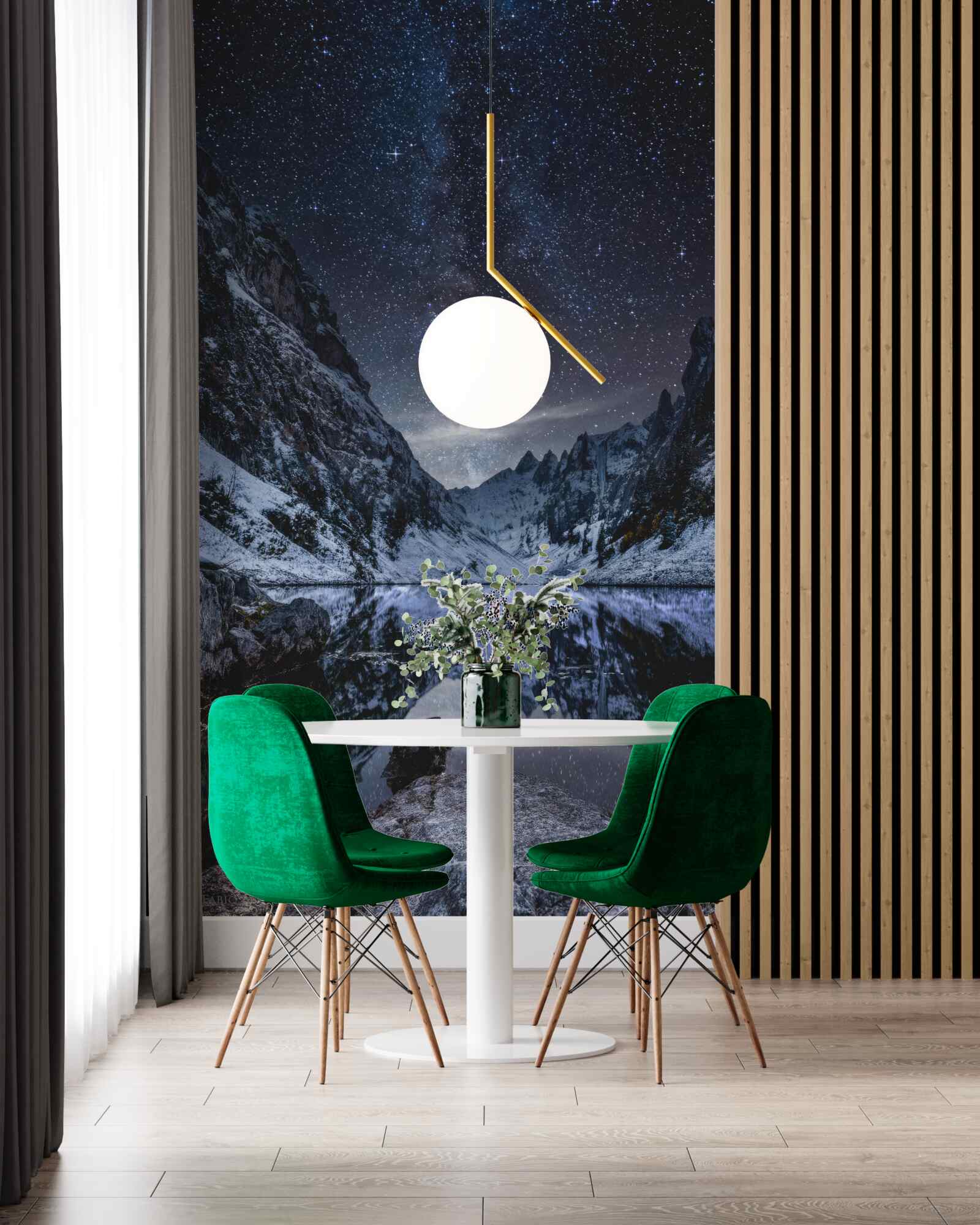 Fotobehang sterrenhemel boven de bergen en de rivier