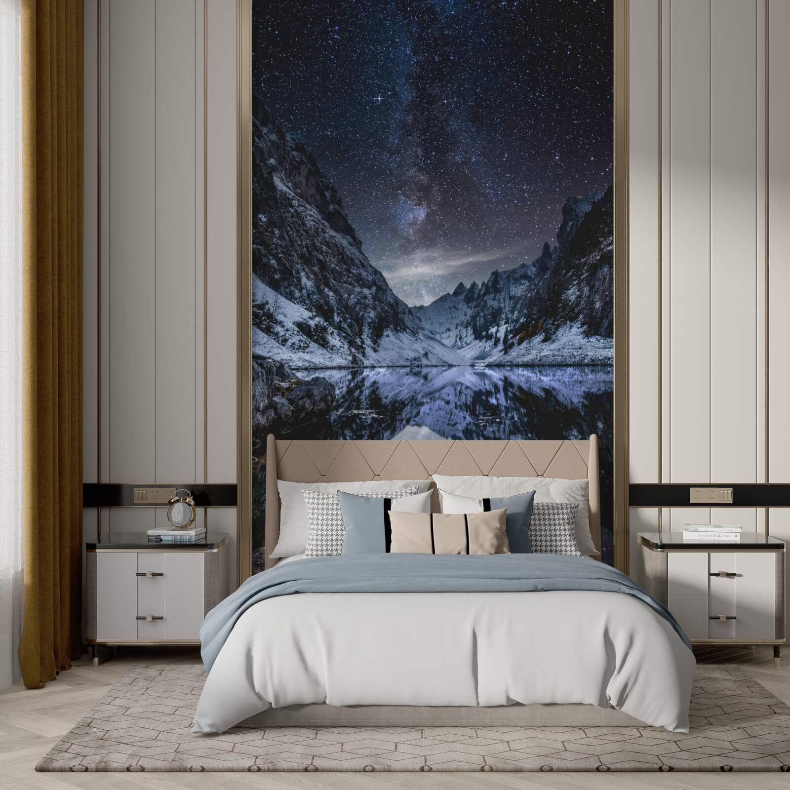 Fotobehang sterrenhemel boven de bergen en de rivier