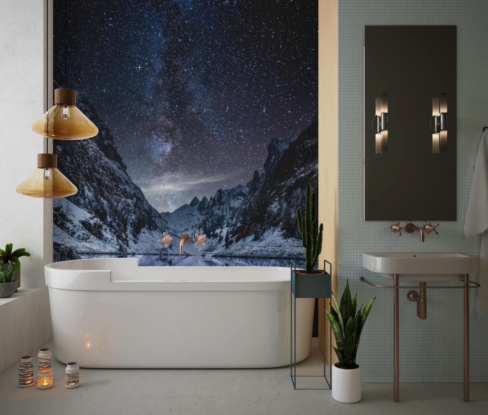 Fotobehang sterrenhemel boven de bergen en de rivier