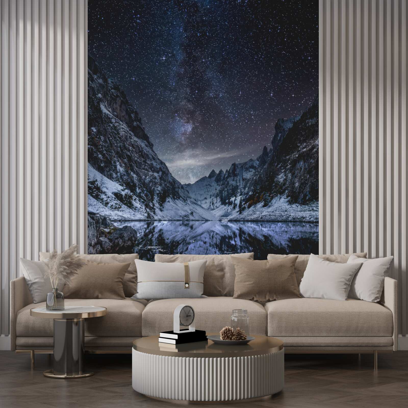 Fotobehang sterrenhemel boven de bergen en de rivier