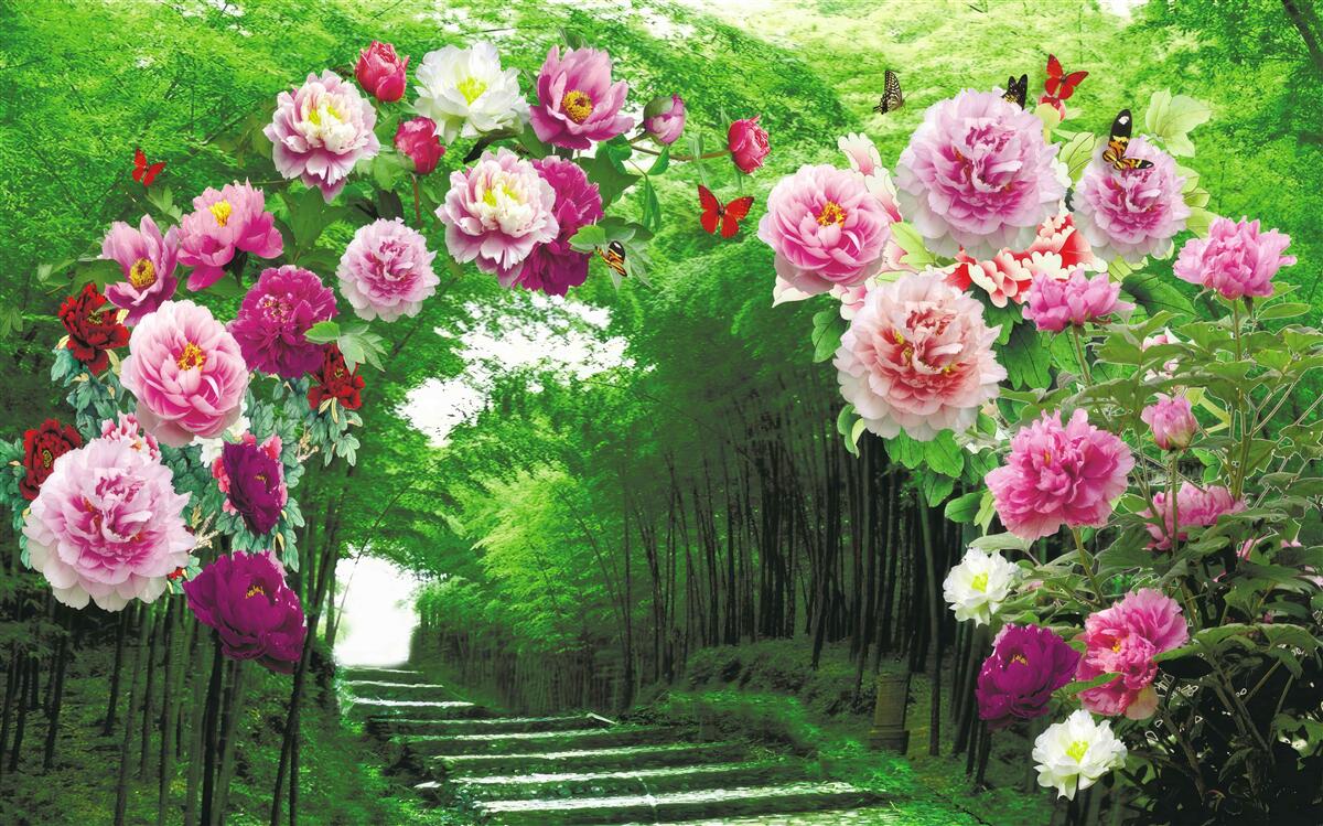 Fotobehang roze bloemen bij de ingang van het bos