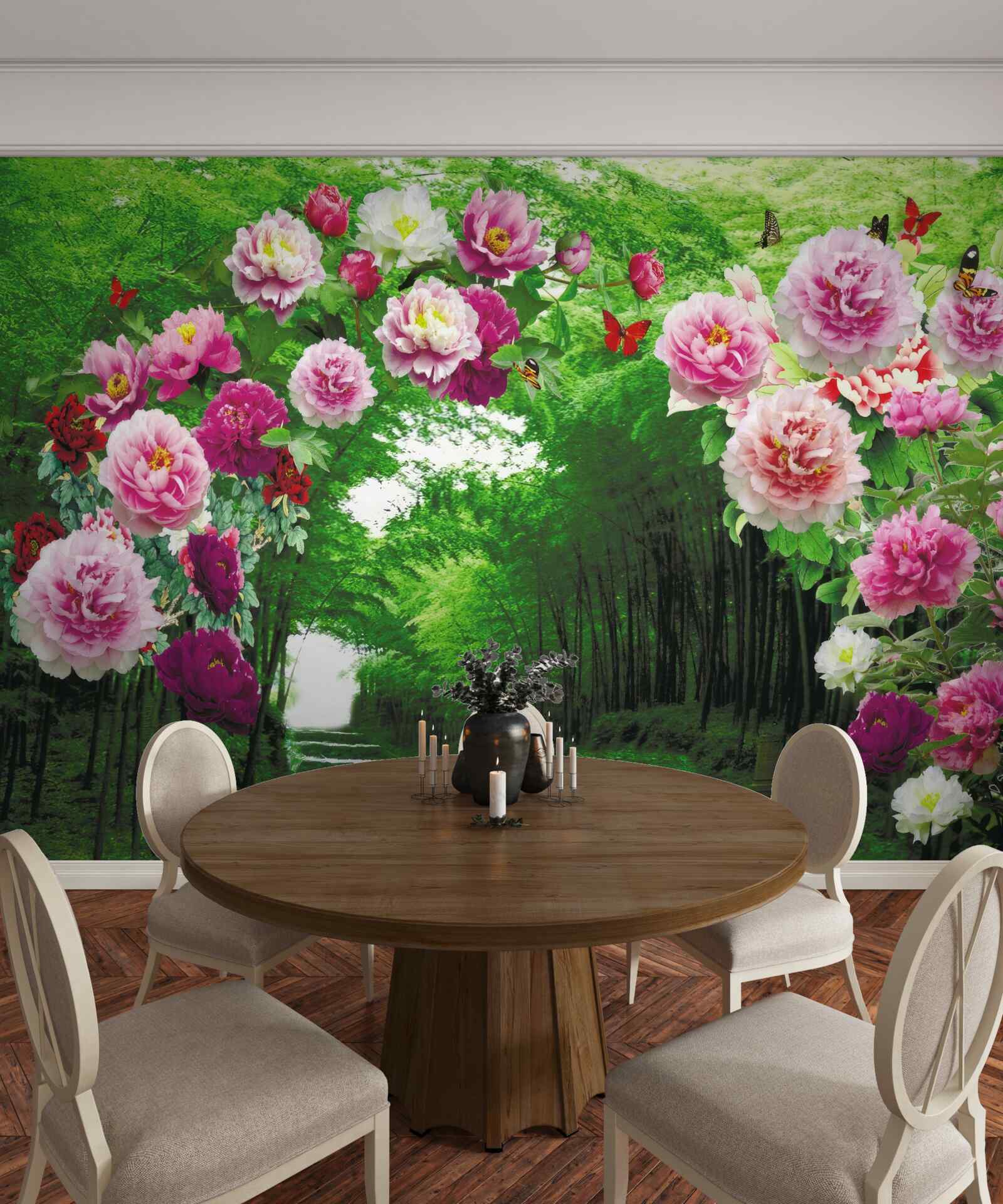 Fotobehang roze bloemen bij de ingang van het bos