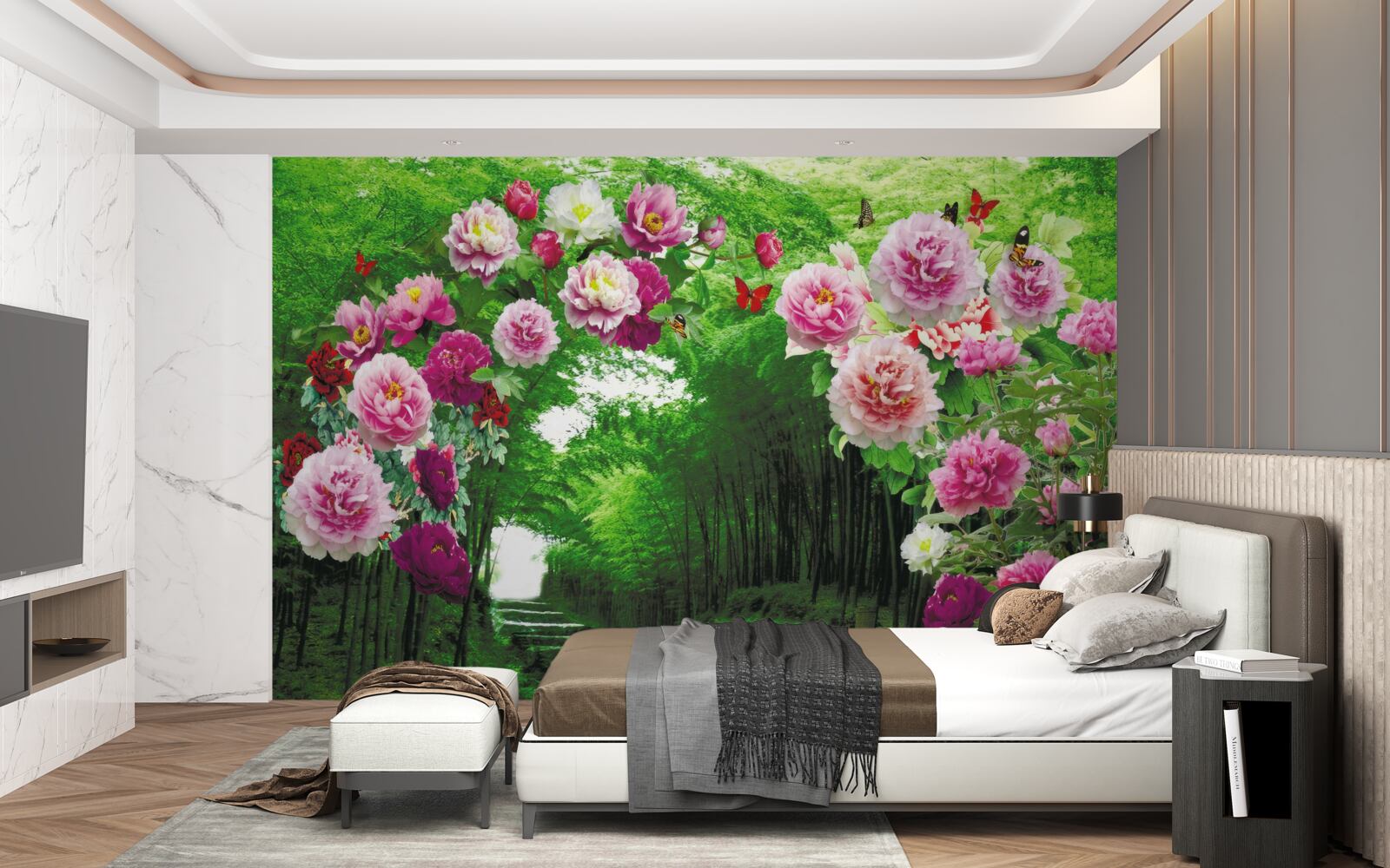 Fotobehang roze bloemen bij de ingang van het bos