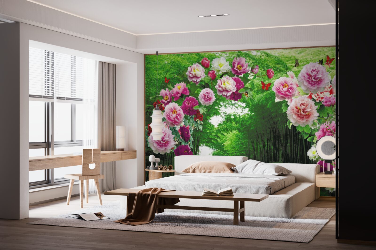 Fotobehang roze bloemen bij de ingang van het bos