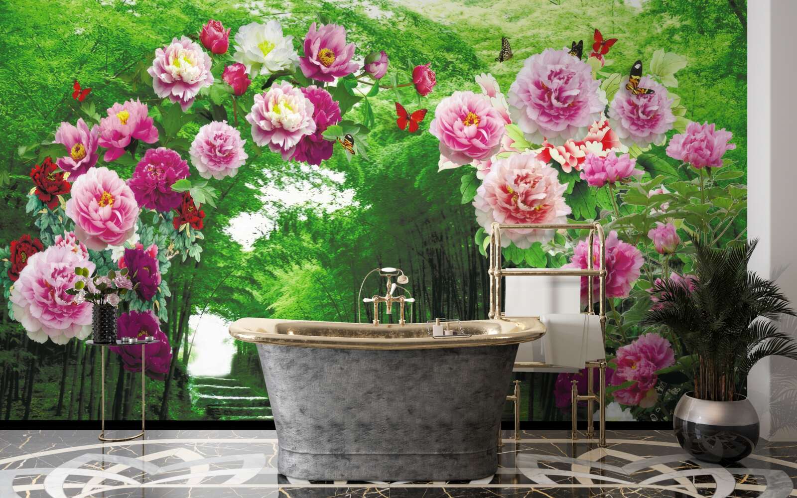 Fotobehang roze bloemen bij de ingang van het bos