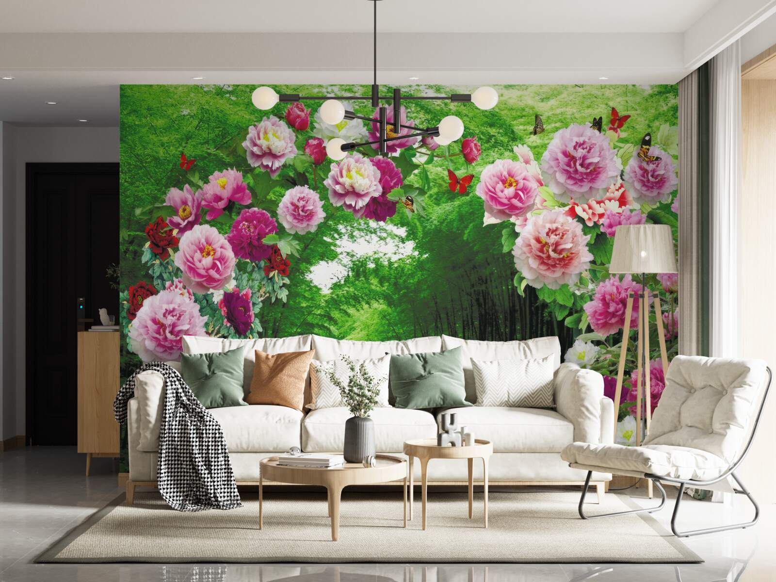 Fotobehang roze bloemen bij de ingang van het bos