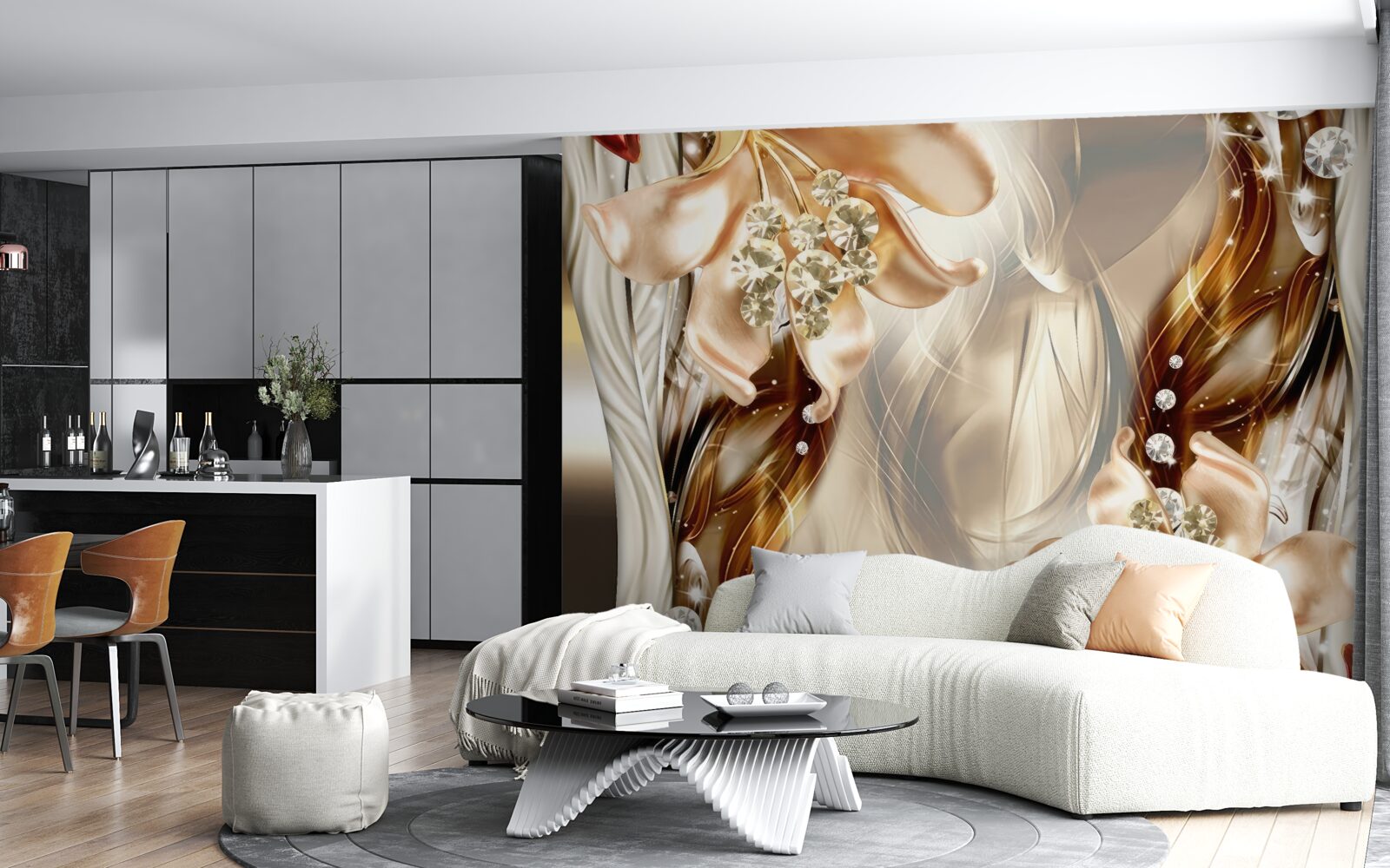Fotobehang gouden bloemen met stenen decoraties