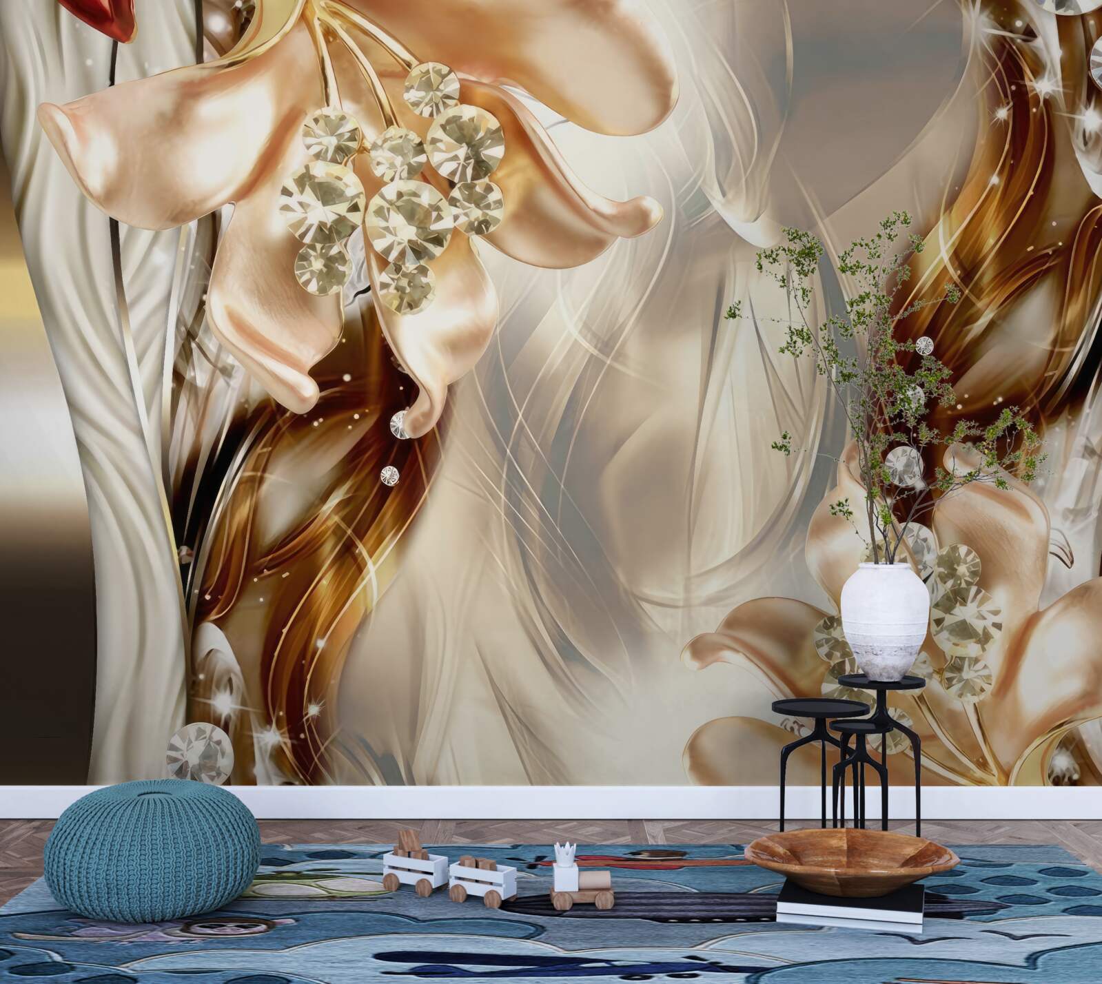 Fotobehang gouden bloemen met stenen decoraties