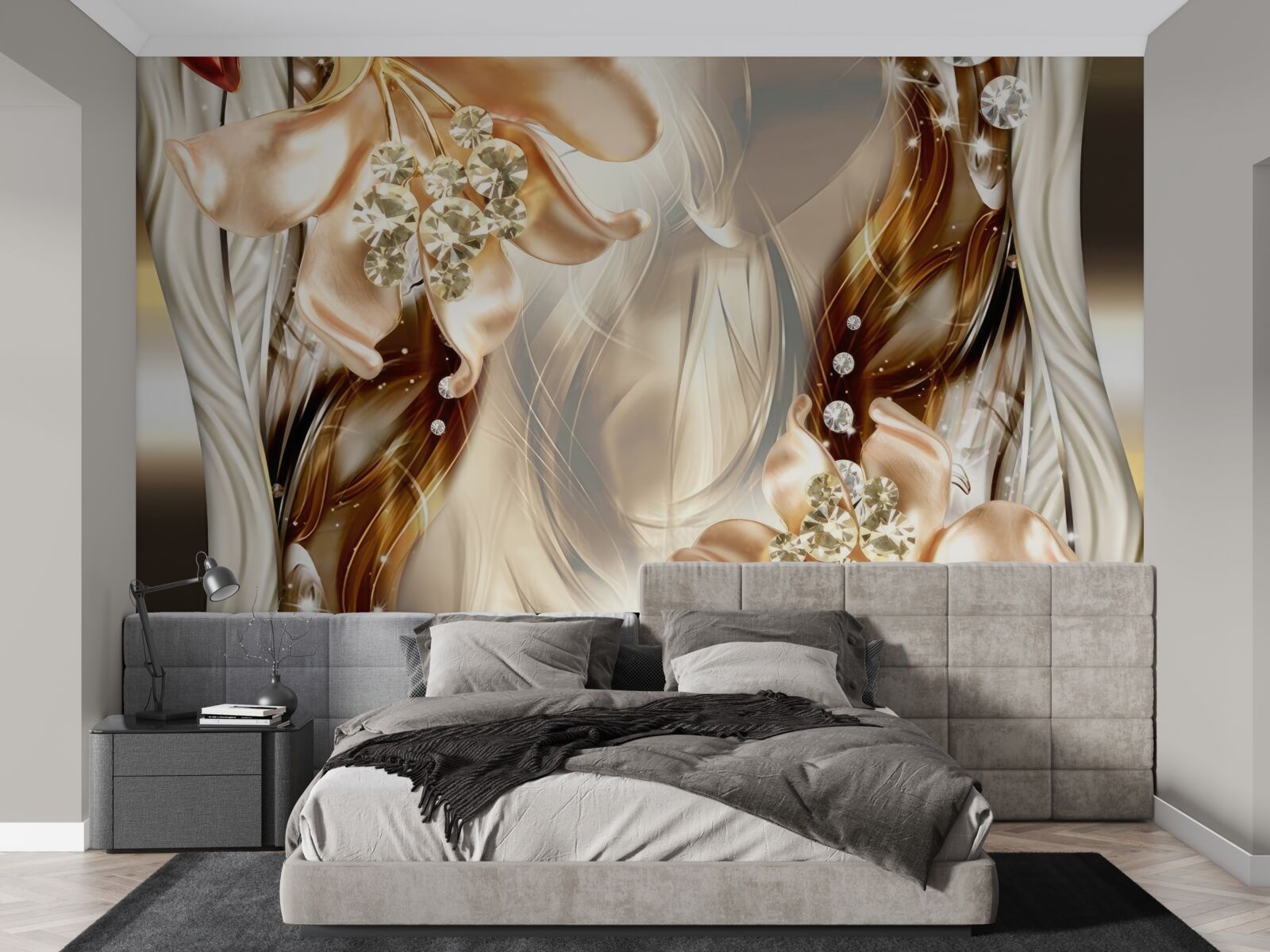 Fotobehang gouden bloemen met stenen decoraties