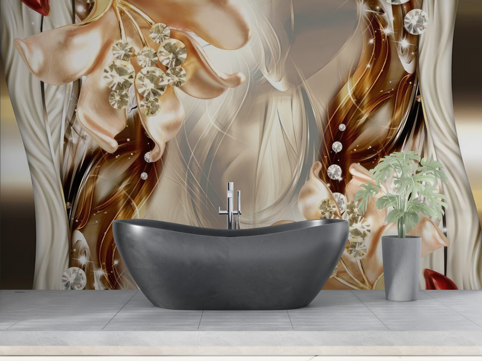 Fotobehang gouden bloemen met stenen decoraties