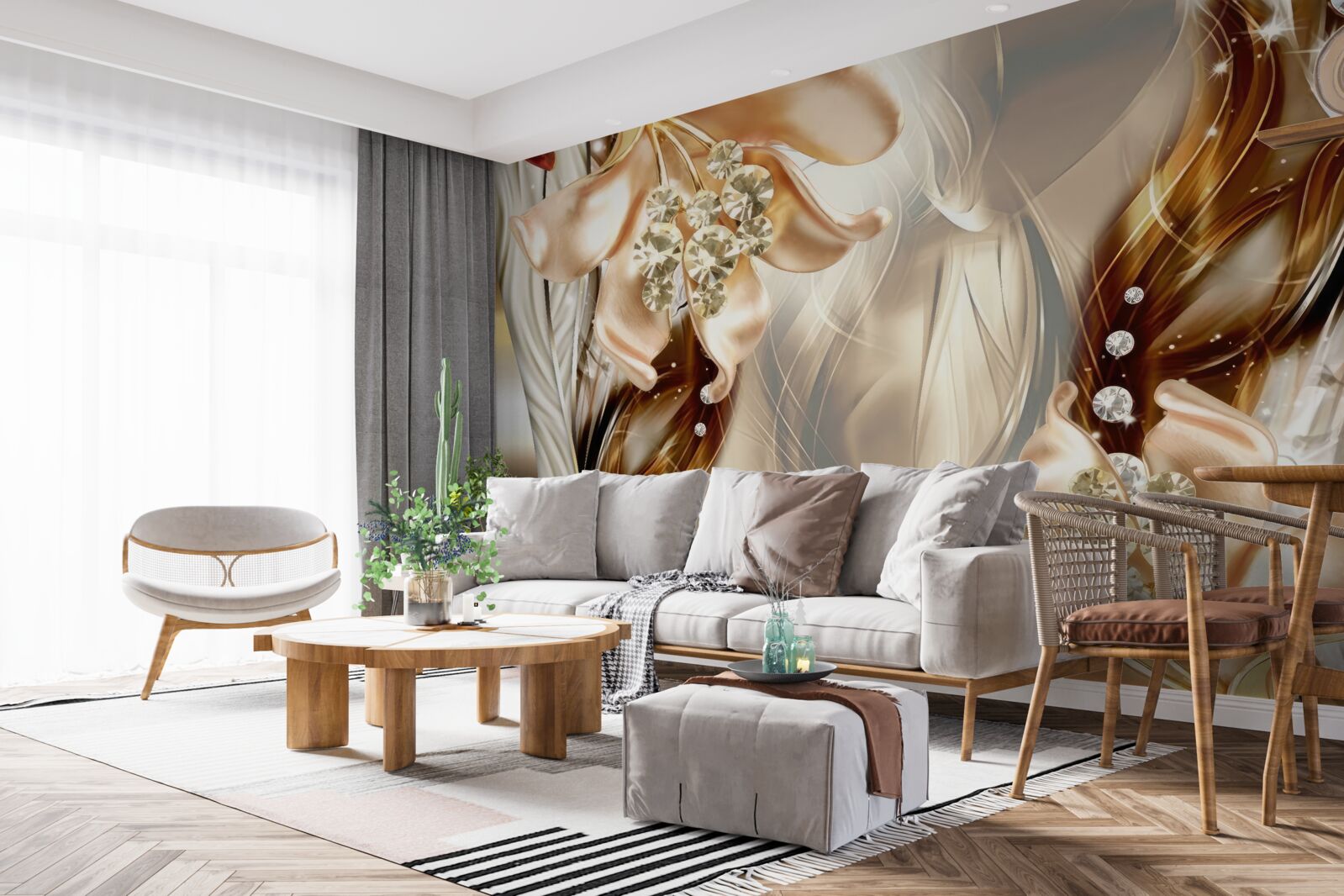 Fotobehang gouden bloemen met stenen decoraties