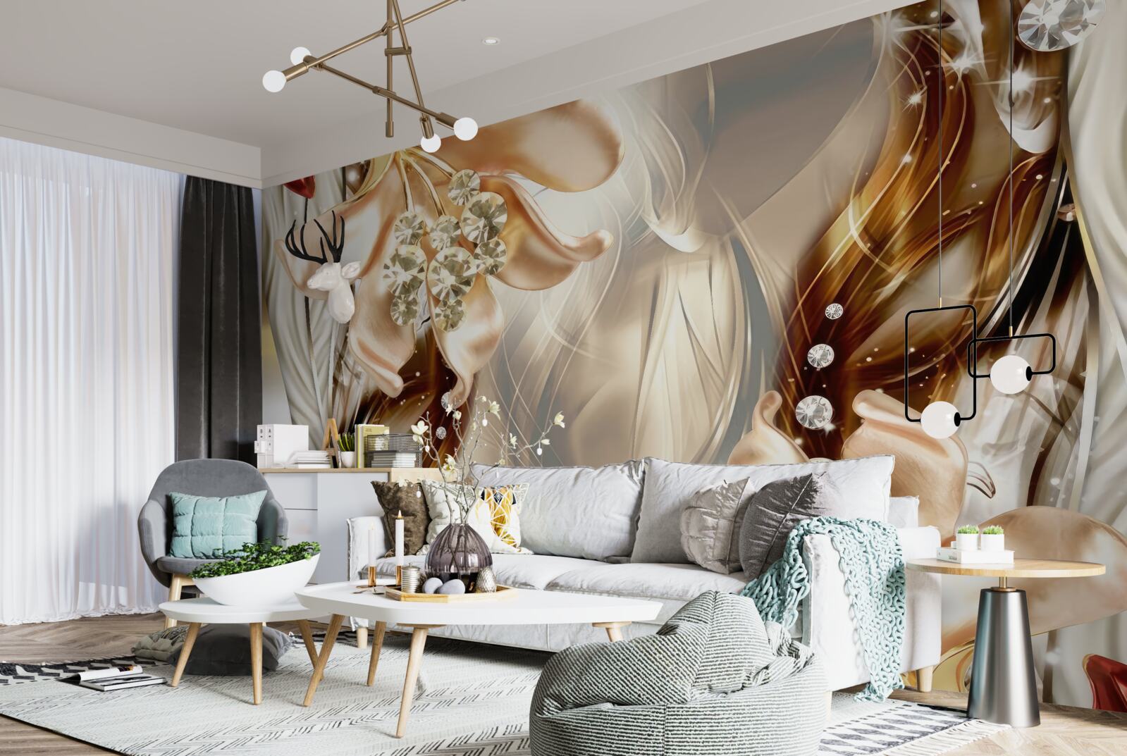 Fotobehang gouden bloemen met stenen decoraties