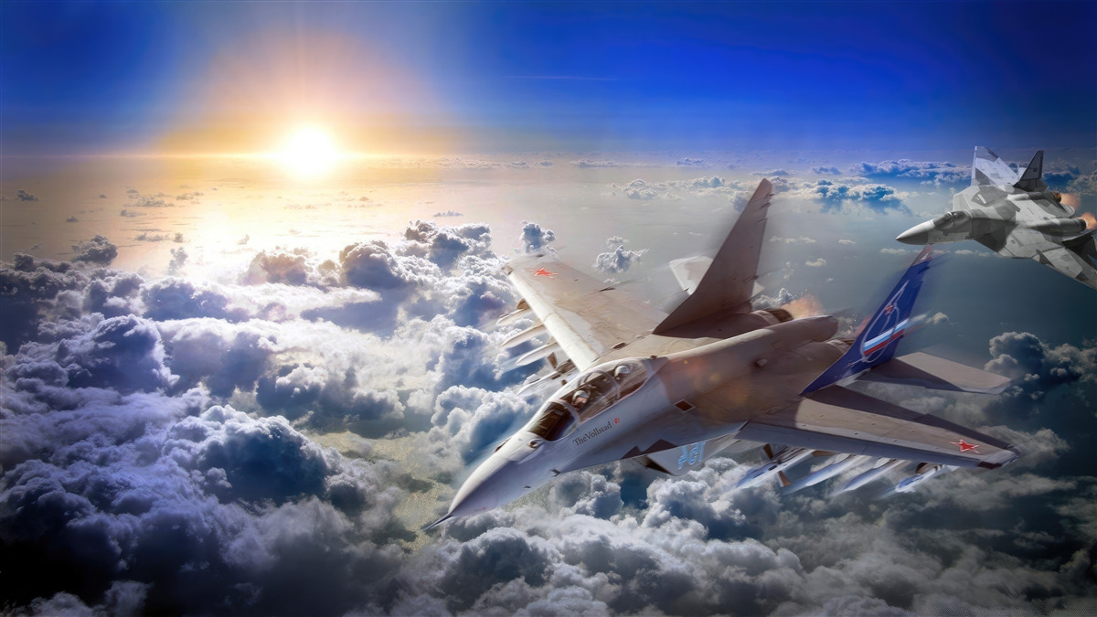 Fotobehang gevechtsvliegtuigen vliegen door de wolken